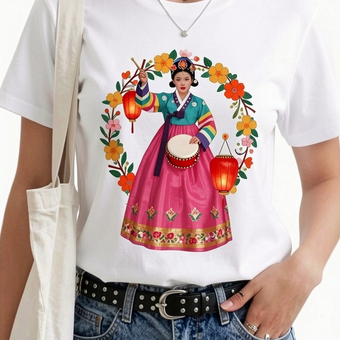 Image of Beautiful Korean Wearing A Hanbok Women's T-shirt - 100% T-shirt - Comfortable Fabric - Suitable For Everyday Wear And Vacations, Women's Summer Short Sleeves