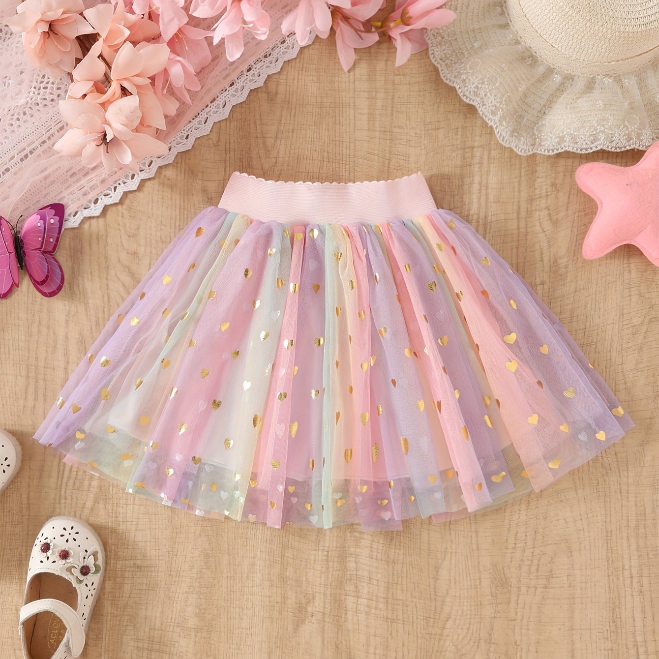 Versatile Colorful Heart Skirt, Fashionable Tutu Skirt, Star Skirt, Festive Birthday Pleated Mesh Party Dress