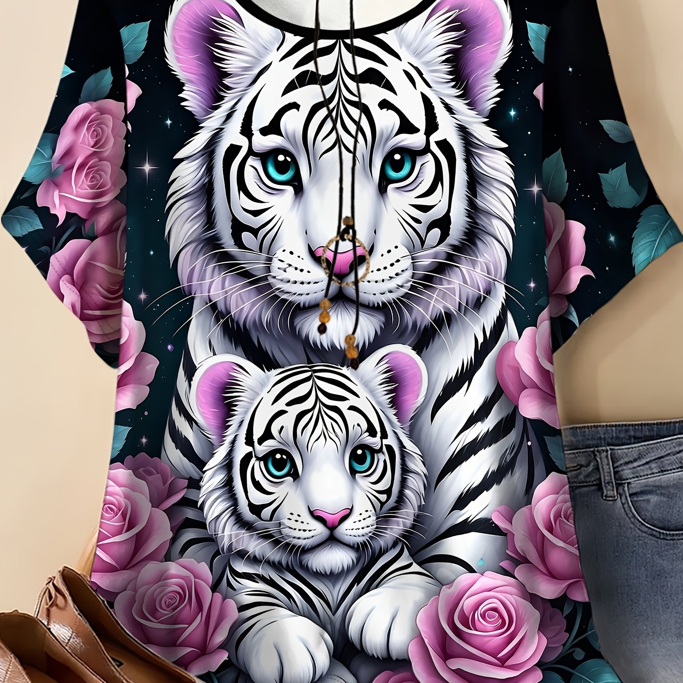 TEMU Women's Plus Size Round Neck Short Sleeve T-shirt, Rose Mother And Son White Tiger Print, Breathable And Skin-friendly, Casual Top For Home And