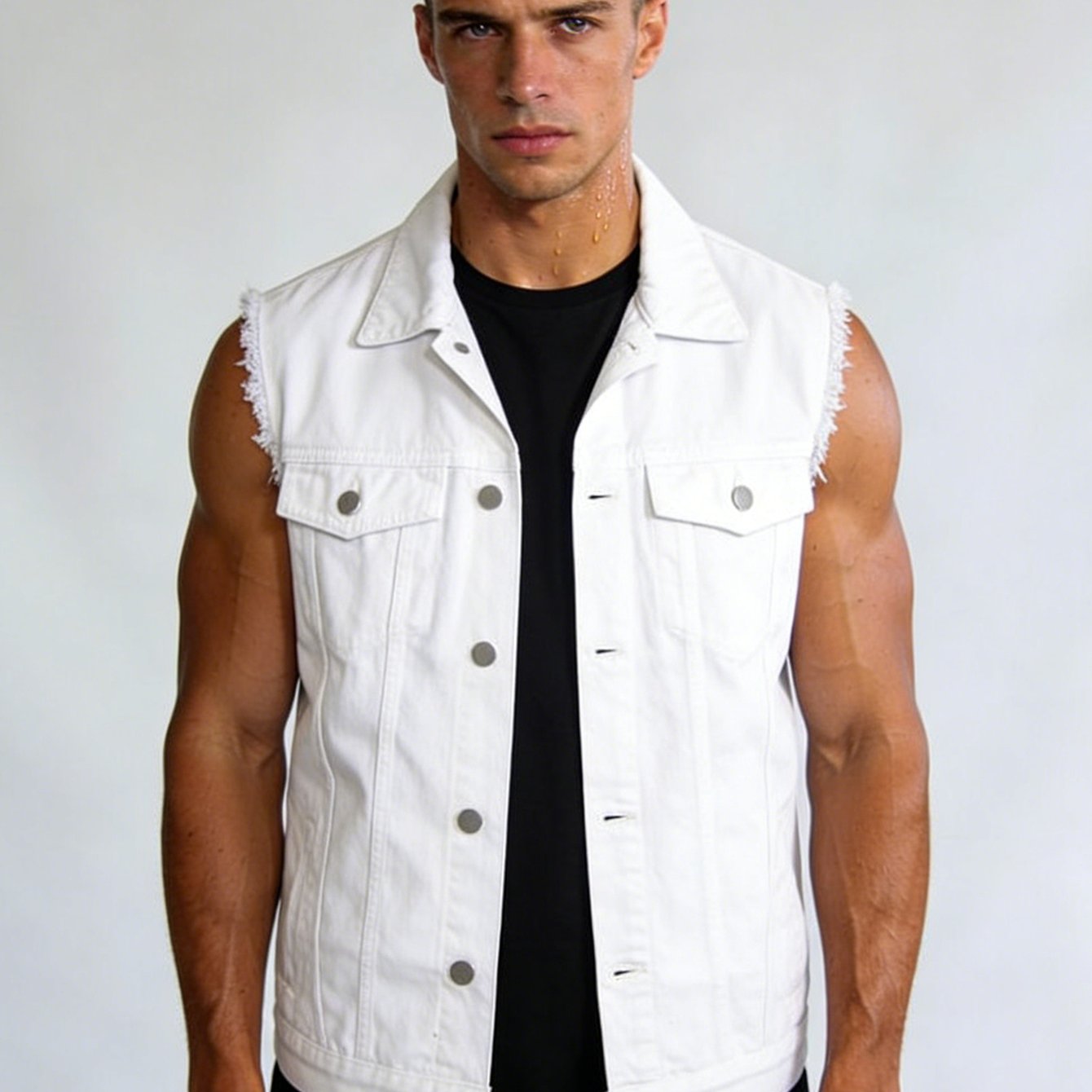 Image of Hme-253 Men' Frayed Denim Vest High-street Sleeveless Cargo Gilet Streetwear Minimalist Casual Outerwear Waistcoat