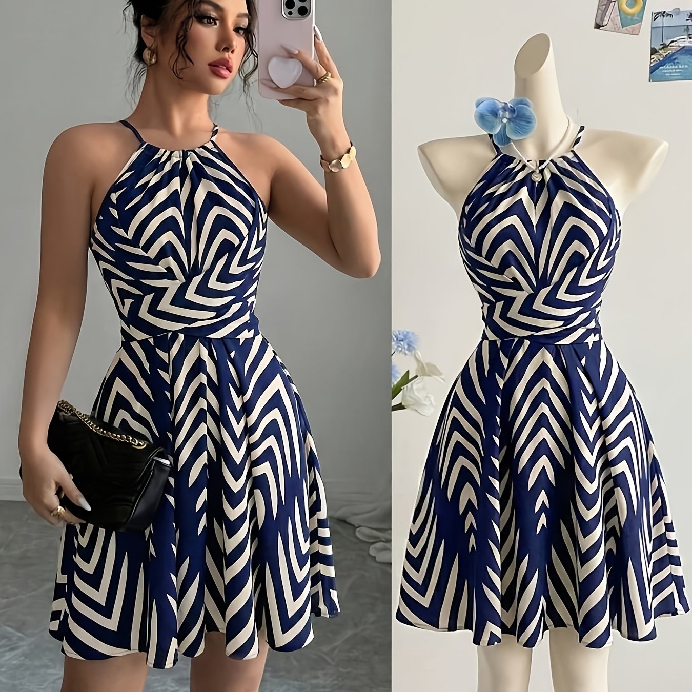 TEMU Women's Vacation Floral Print Halter Neck Mini Dress