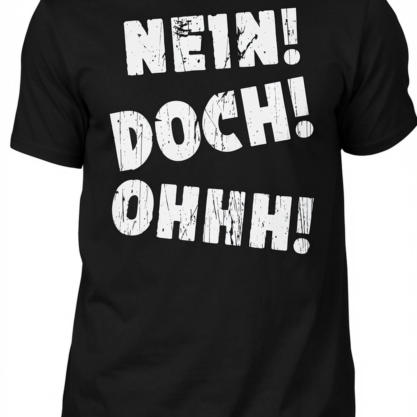 Men's Plus Size Nein Doch Ohhh T-shirt - Casual Crew Neck Solid Black Shirt With Branding Print, Stretch Fabric, Regular Fit Suitable For Wear, Everyday & -casual Outfits