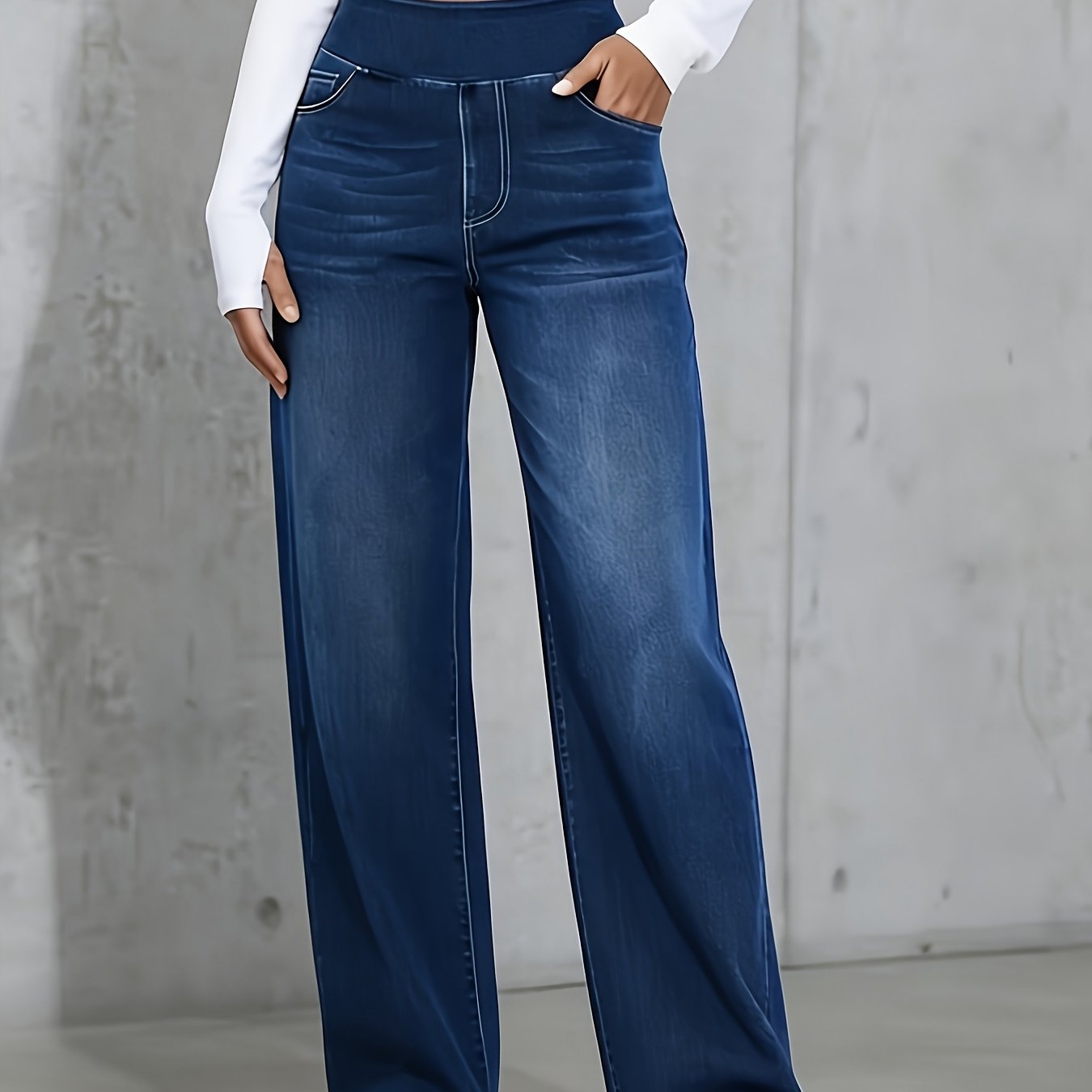 TEMU 1pc Women's High-waisted Stretch Wide-leg Jeans Pants - Elastic Waistband Loose Straight-leg Denim Trousers With Pockets, Beltless For