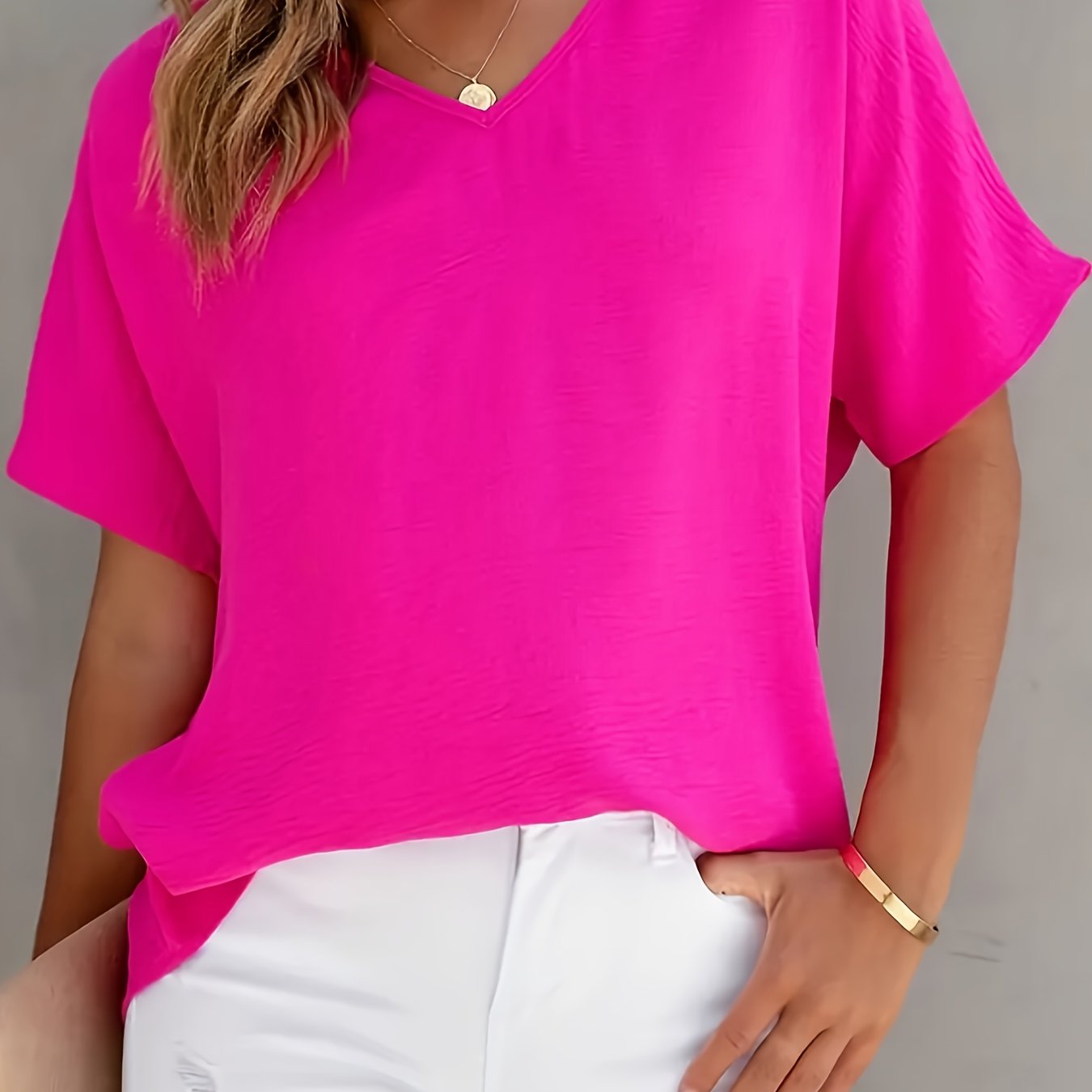 E-shop Westlicher Freizeit All-Match Einfarbiges T-Shirt Damen Sommer Neues Lockeres Rundhals Kurzarm Top Damenbekleidung