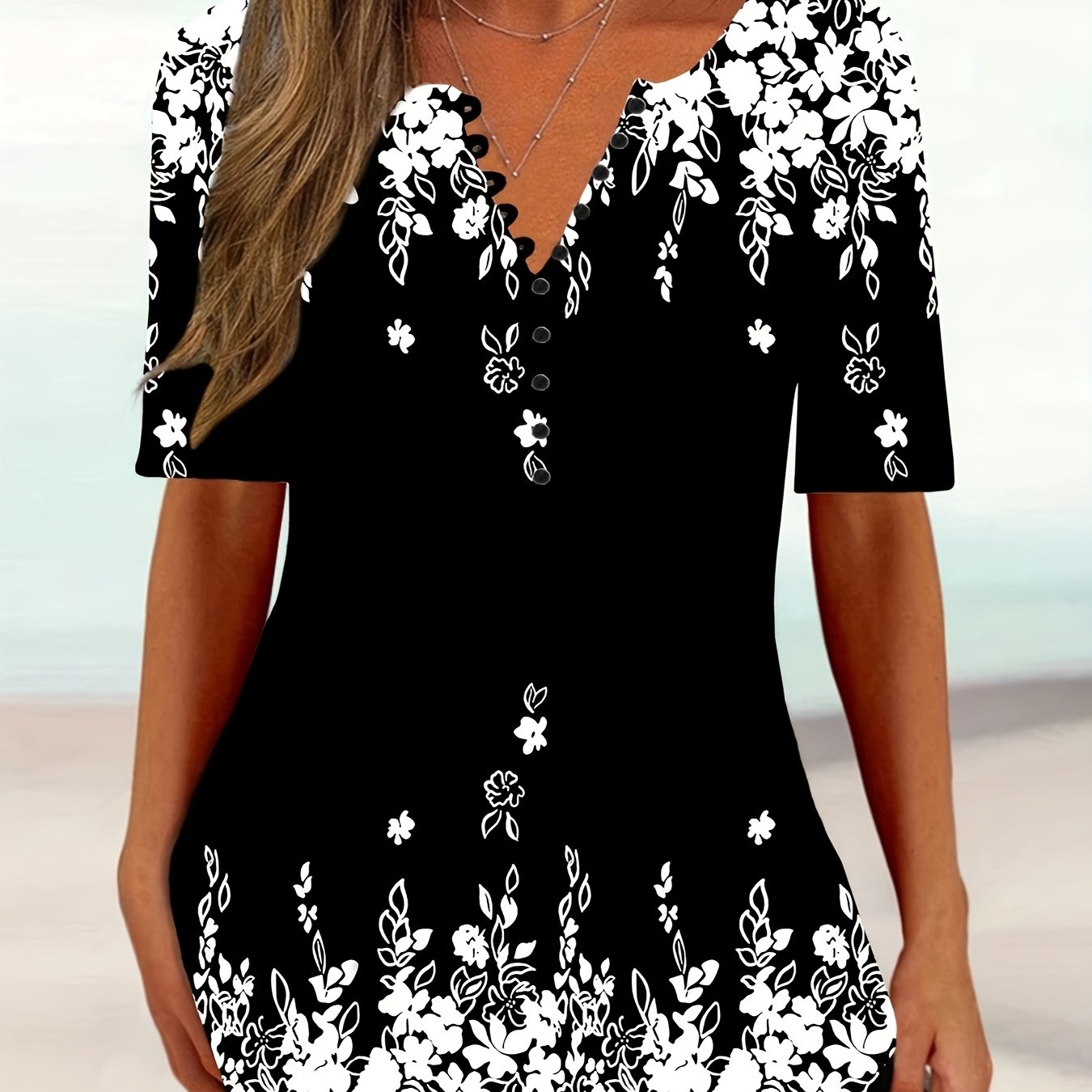 Image of Plus Size, Women's Plus Size Elegant V-neck Button-front Blouse - Short Sleeve Summer Suitable For Hot Weather, Casual To Dressy Wear, Machine Washable Loose Fit