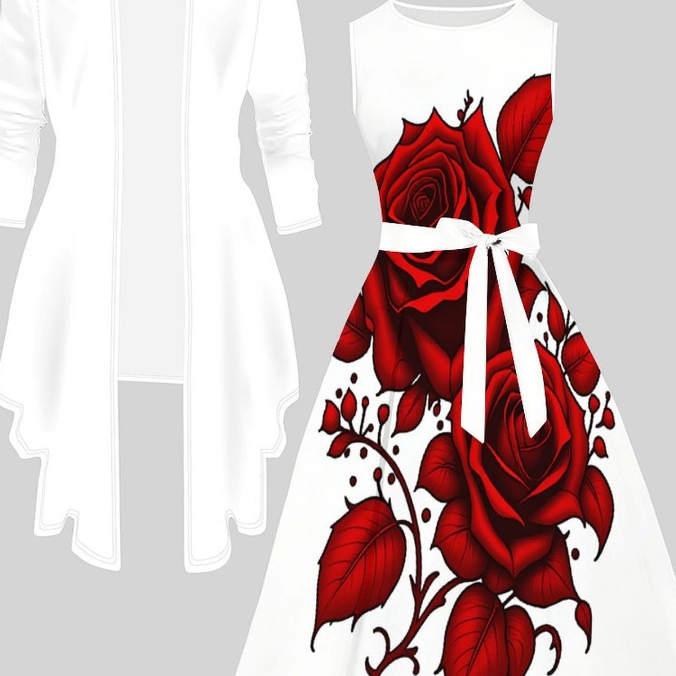 Plus Size, Plus-size Women's 2pcs Set, Including Long-sleeve Coat And Waist-tied Cami Dress. Features Trendy Prints. It Can Reshape And Is Ideal For Daily Commutes And Gatherings.