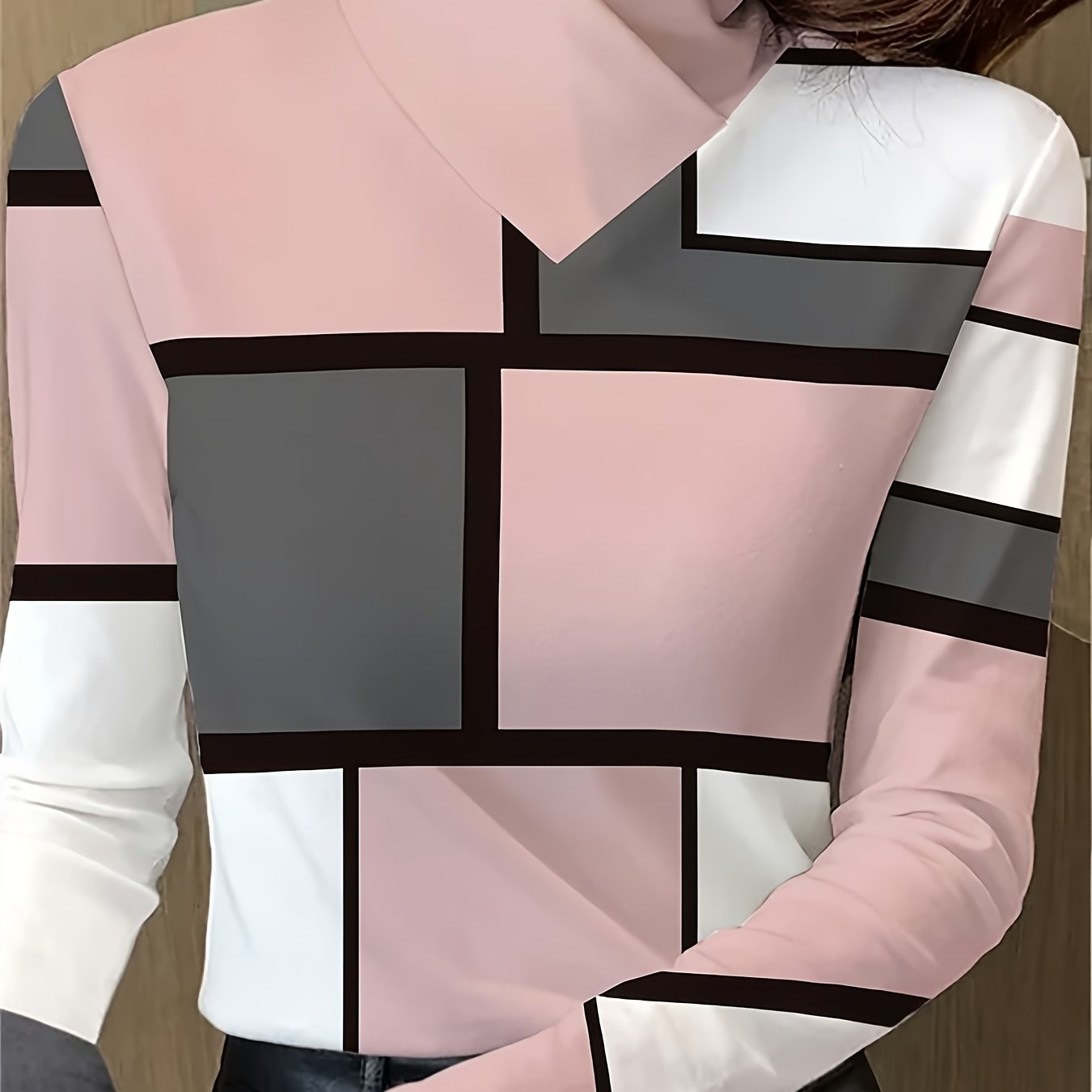 Women's Geometric Print Contrasting V-neck Long-sleeved Top With A Slightly Stretchy Spring And Autumn Style