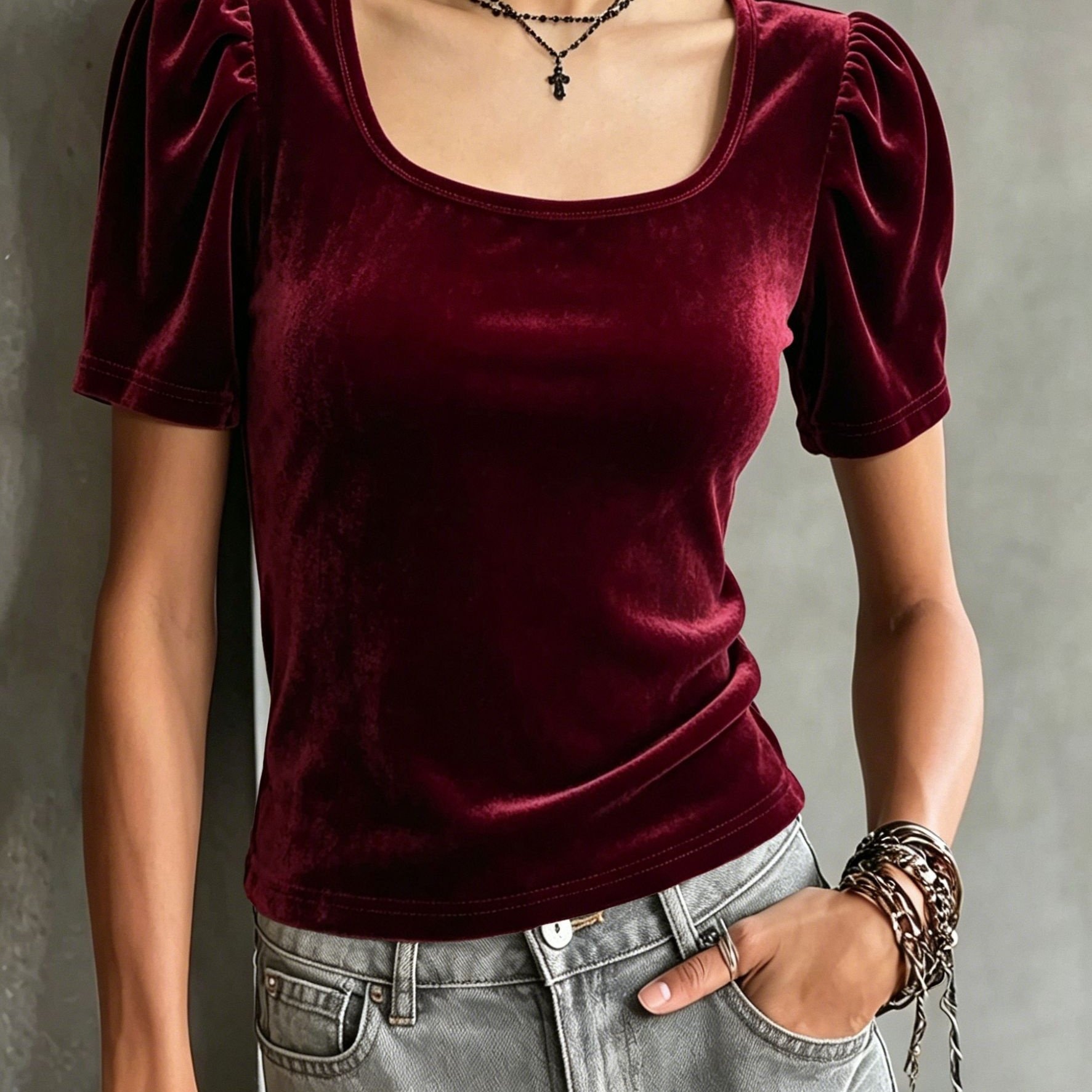 TEMU Velvet Fabric With A Bib Neckline, Bubble Short Sleeves, And A Slim-fit Vintage Top