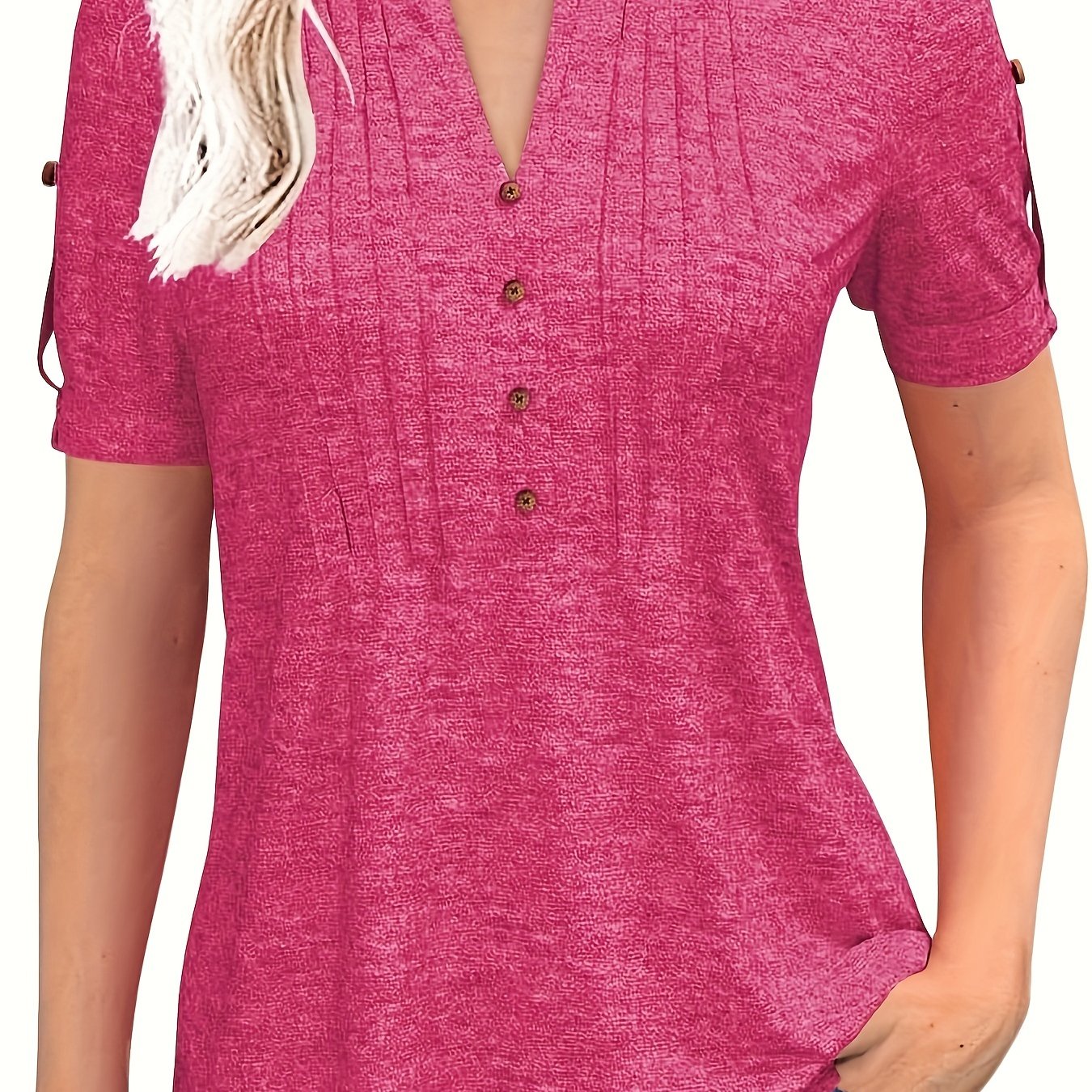 TEMU Button Decor Notched Neck T-shirt, Elegant Short Sleeve Top For , Women's Clothing