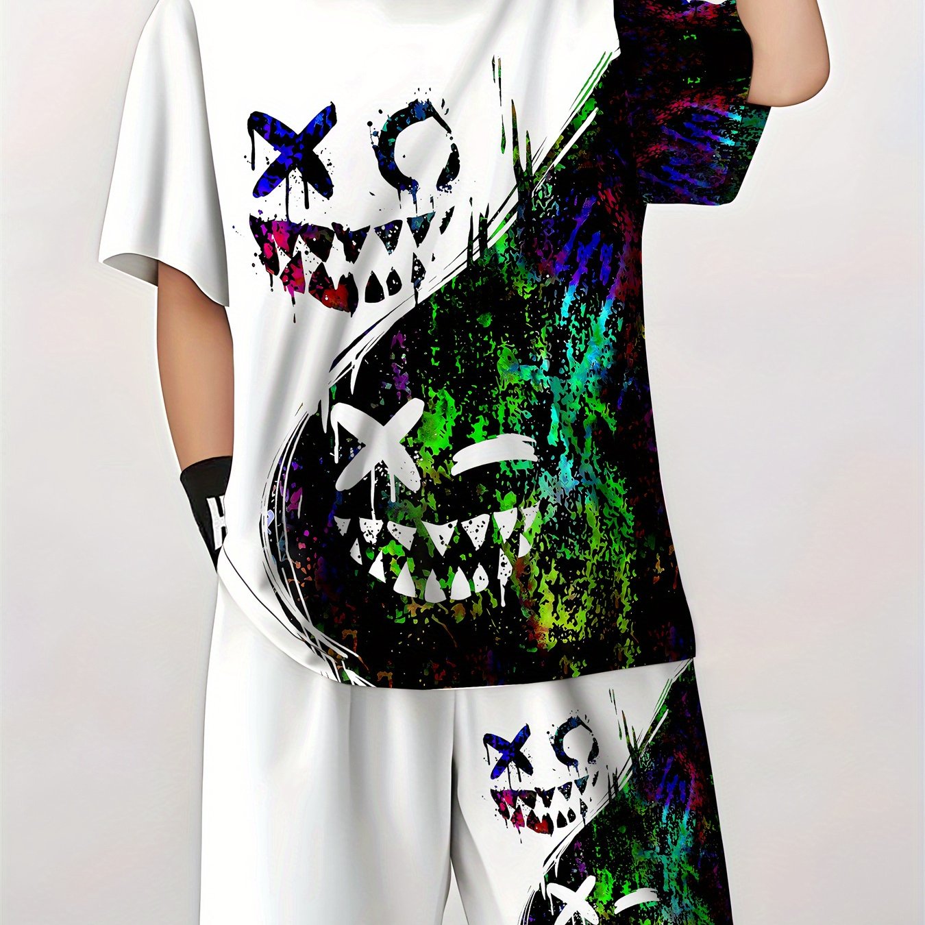 Image of Face 3d Print Kids T-shirt, Summer Cartoon Short Sleeve Tee For Boys And Girls With Black & White Horror Elements, Children's Clothing, Perfect For Outdoor