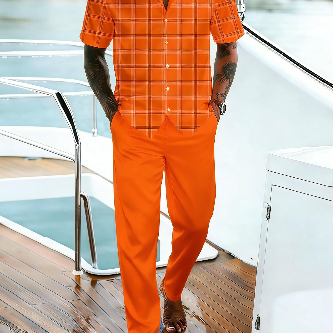 2pcs Set: Men's Stylish Hawaiian Print Short-sleeved Shirt And Trousers