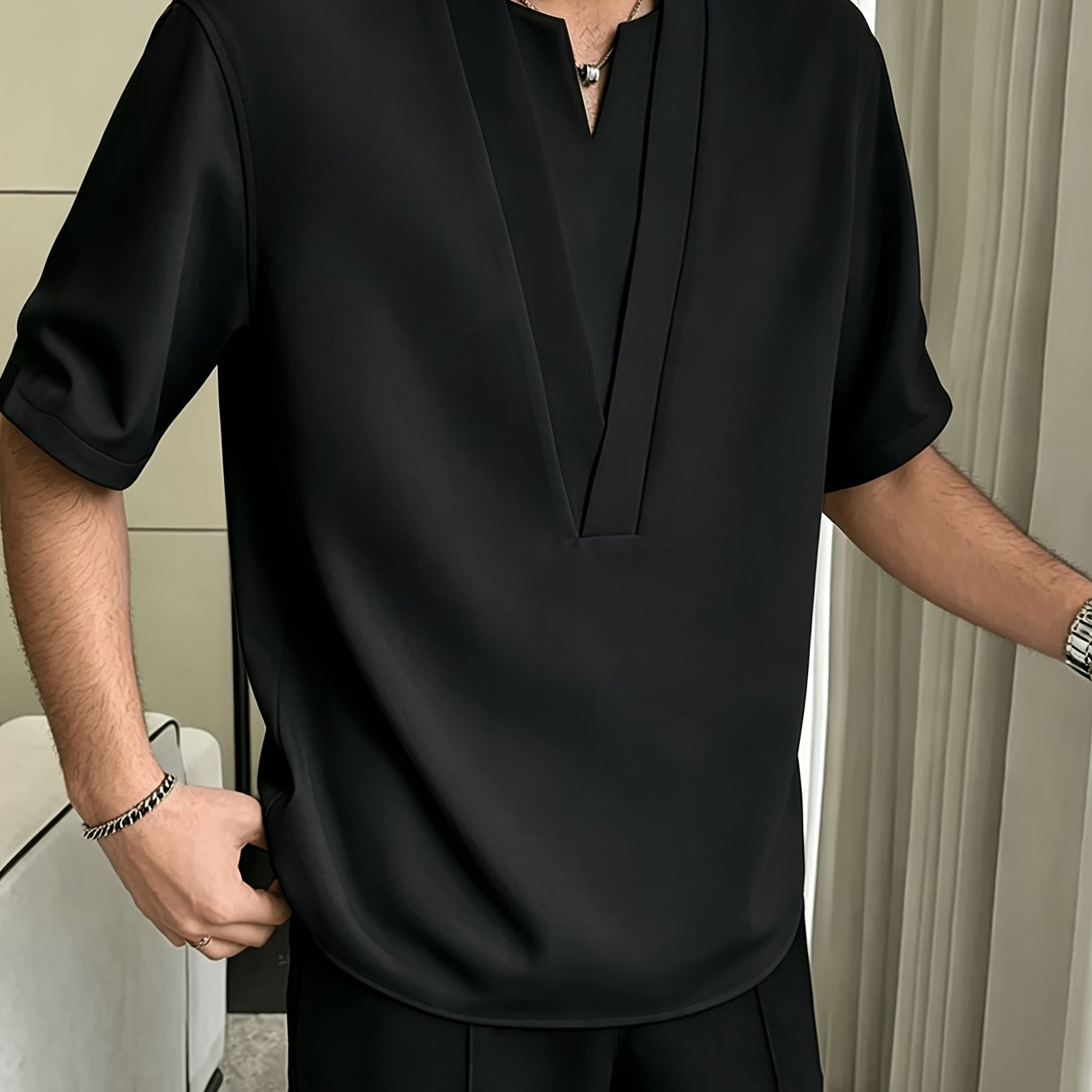 TEMU Men's V-neck Short-sleeve Shirt, Casual Loose , Fashionable Street Style Summer Daily Wear T-shirt