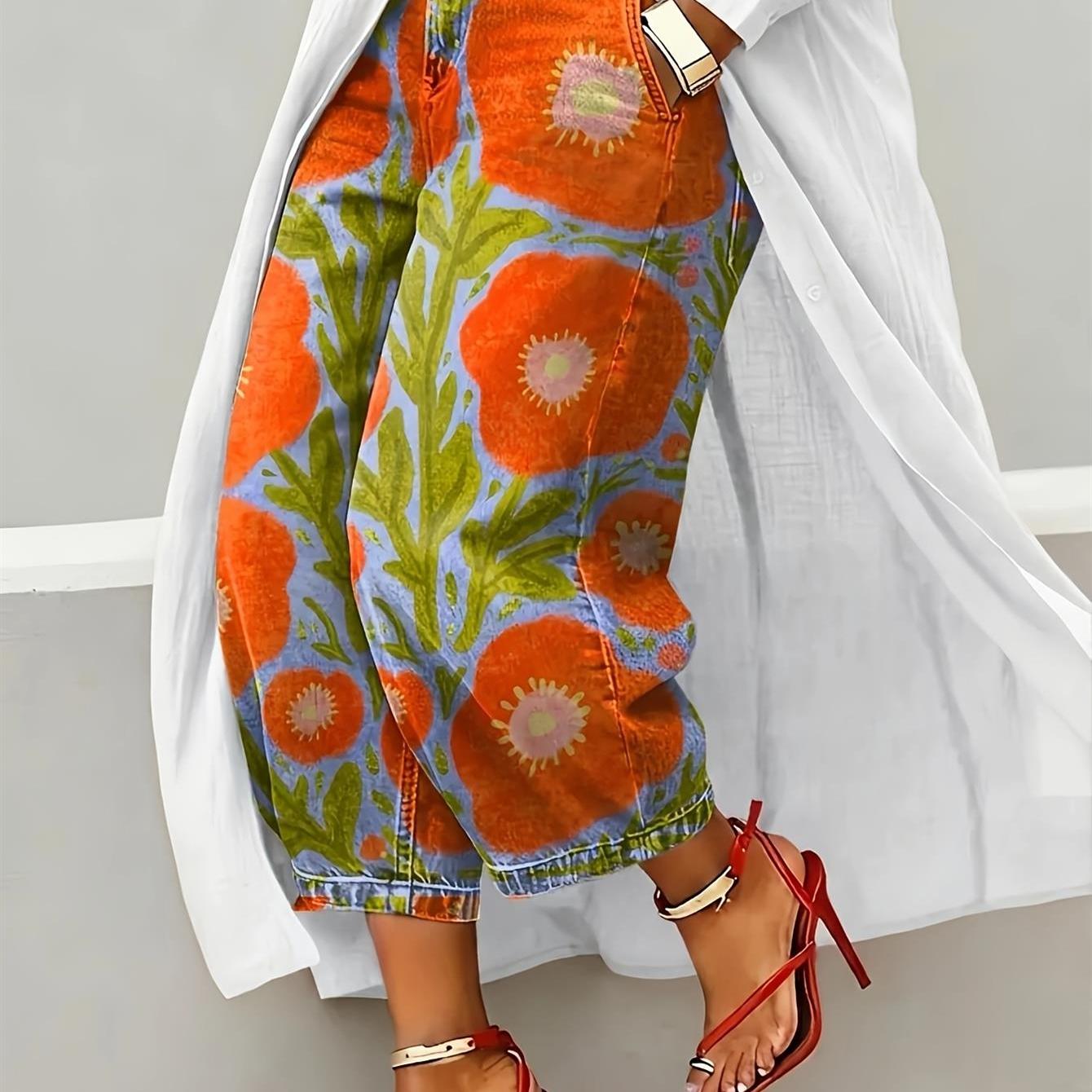 Women's Plus Size , Casual Fashion Printed Cropped Pants, Loose Fit Trousers, Bohemian Style, High-waisted Jeans With Pockets