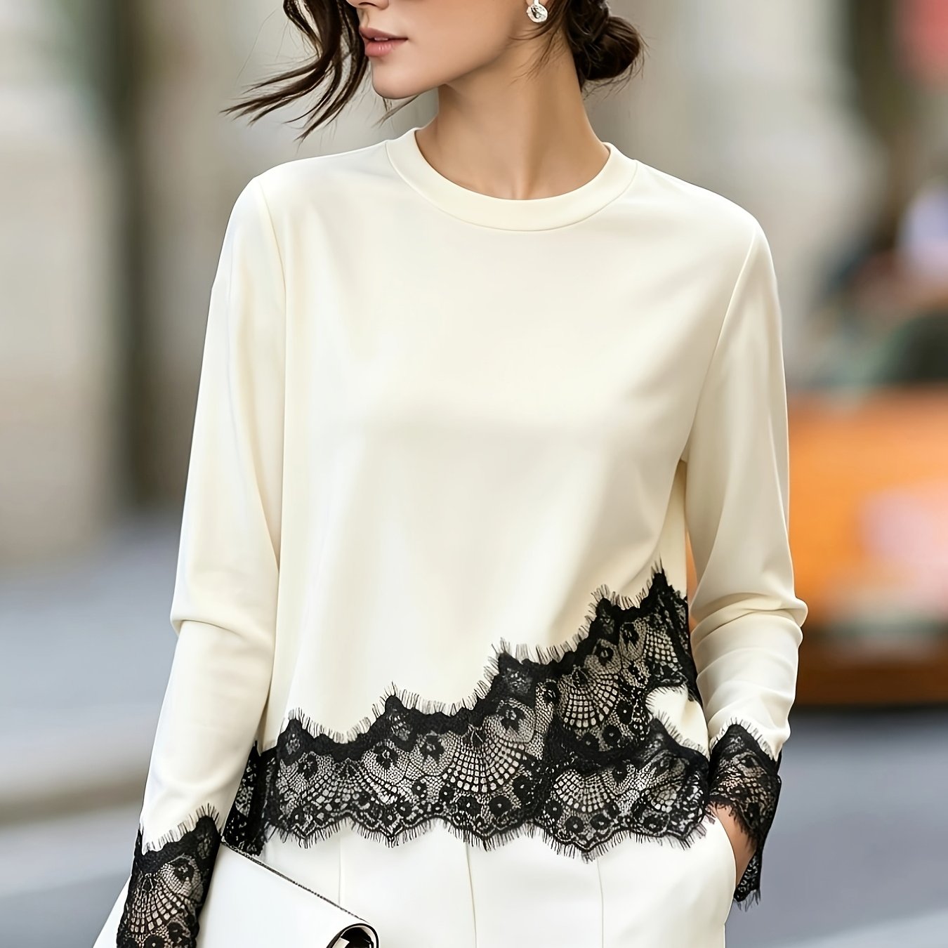 TEMU Camiseta de larga con cuello , diseño asimétrico de encaje y , elegante y casual, para mujer, otoño, estilo francés.