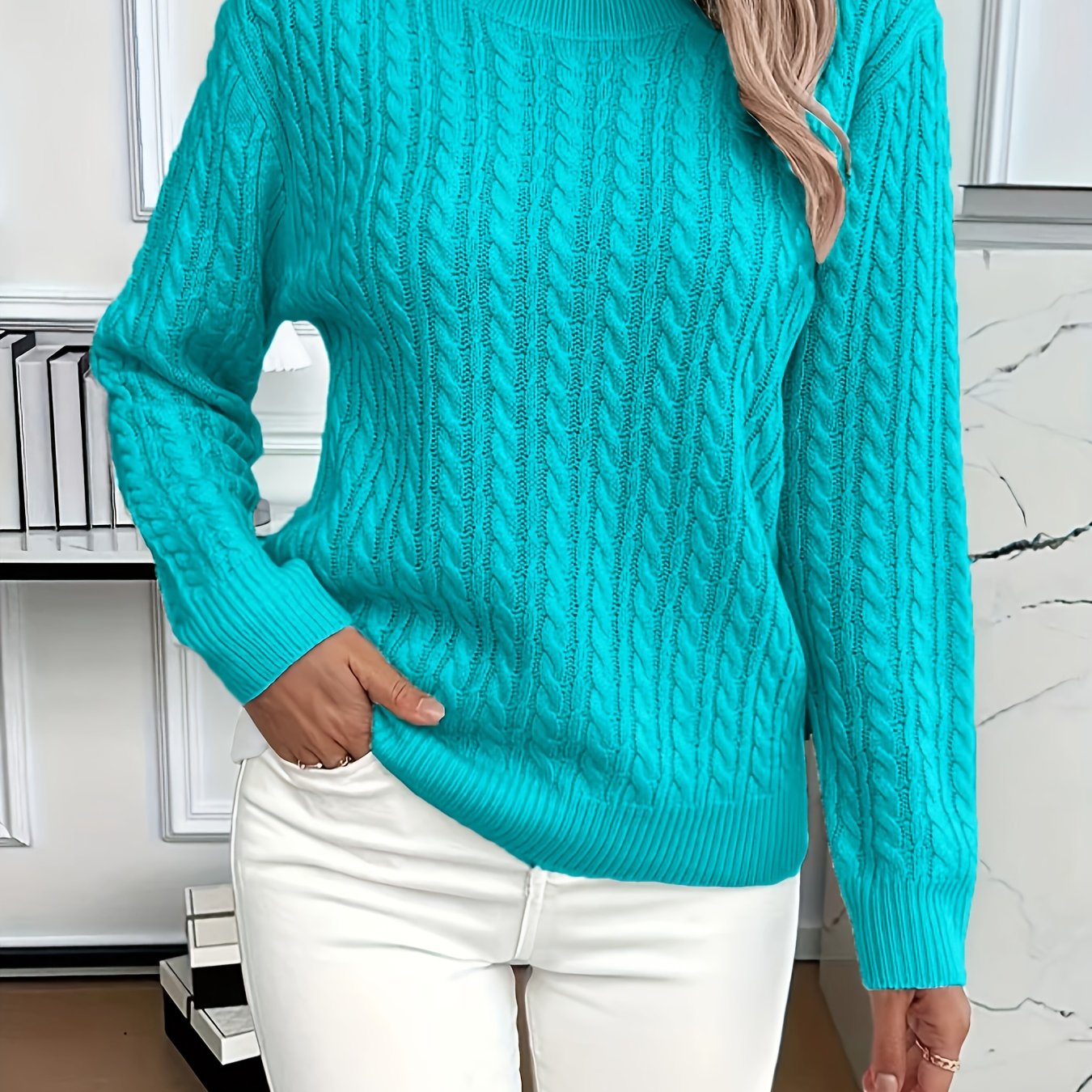 TEMU Women's Casual Loose-fit Round Neck Long Sleeve Sweater - Medium Stretch Solid Color With Ribbed Detailing, H-line Silhouette For Spring/autumn