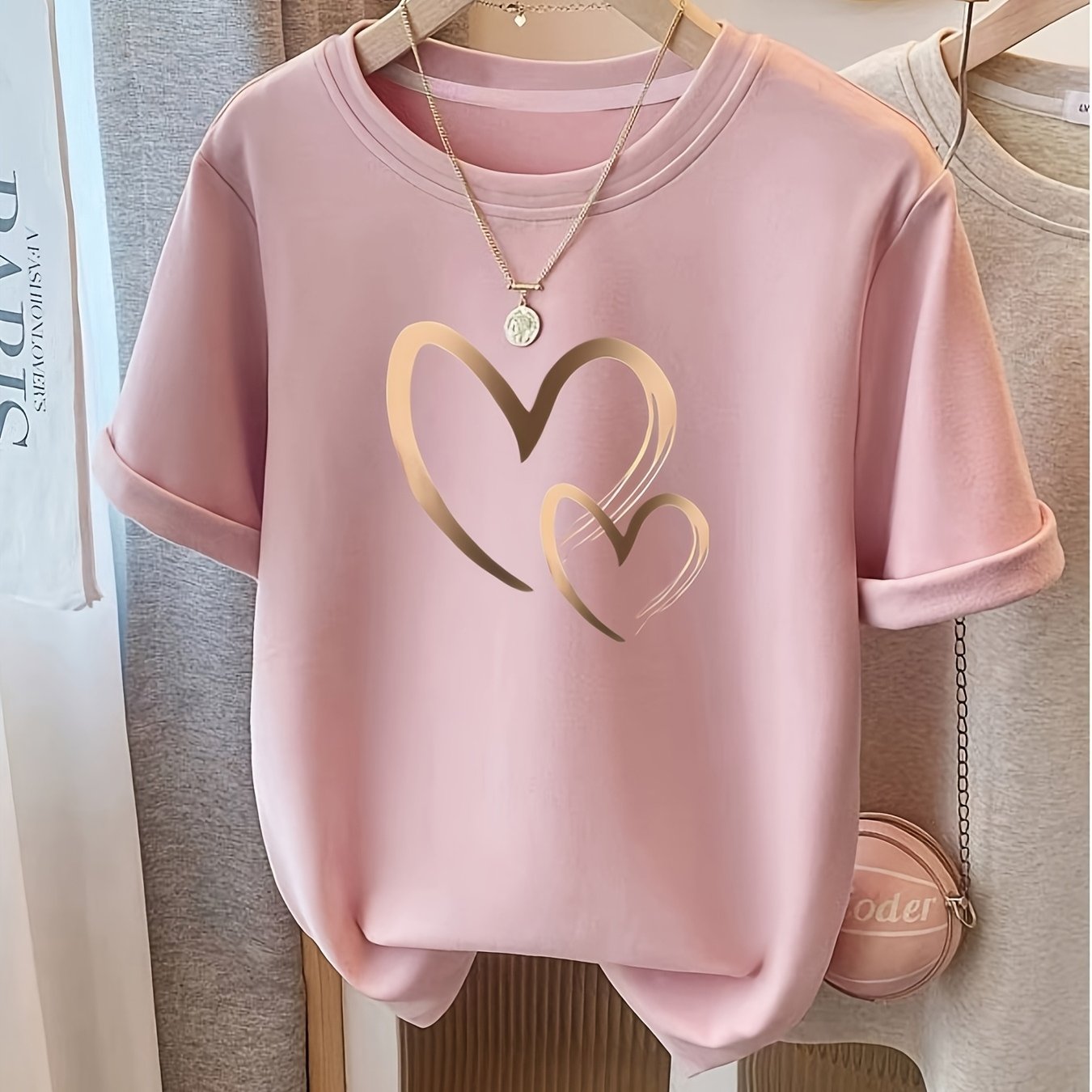 TEMU T-Shirt Femme Printemps/Été Décontracté à Col Rond, Manches Courtes, Coupe et Polyvalente avec Motif Cœur Imprimé