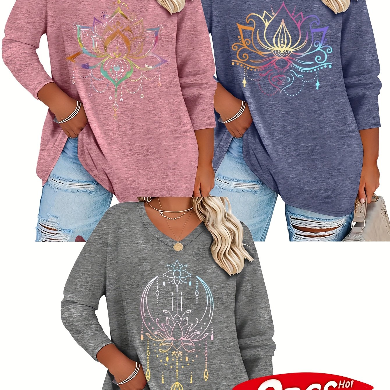 TEMU Plus Size - Plus Size - [versatile T-shirt Three-piece Set] And Summer Plus-size Women's Fashion Lotus Long-sleeved V-neck T-shirt 3pcs Set,