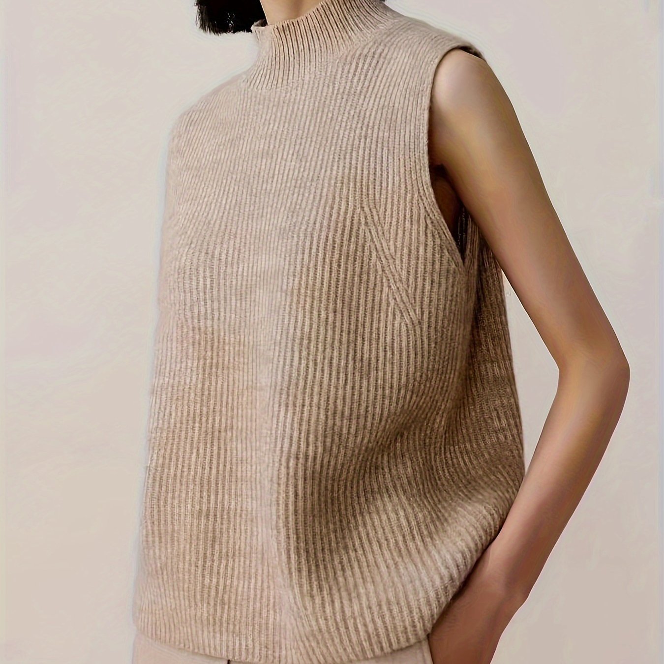 TEMU Elegant Vintage-inspired Mock Turtleneck Sweater Vest - Cozy Knit, Sleeveless, Ribbed Detail For Women - Fall/winter