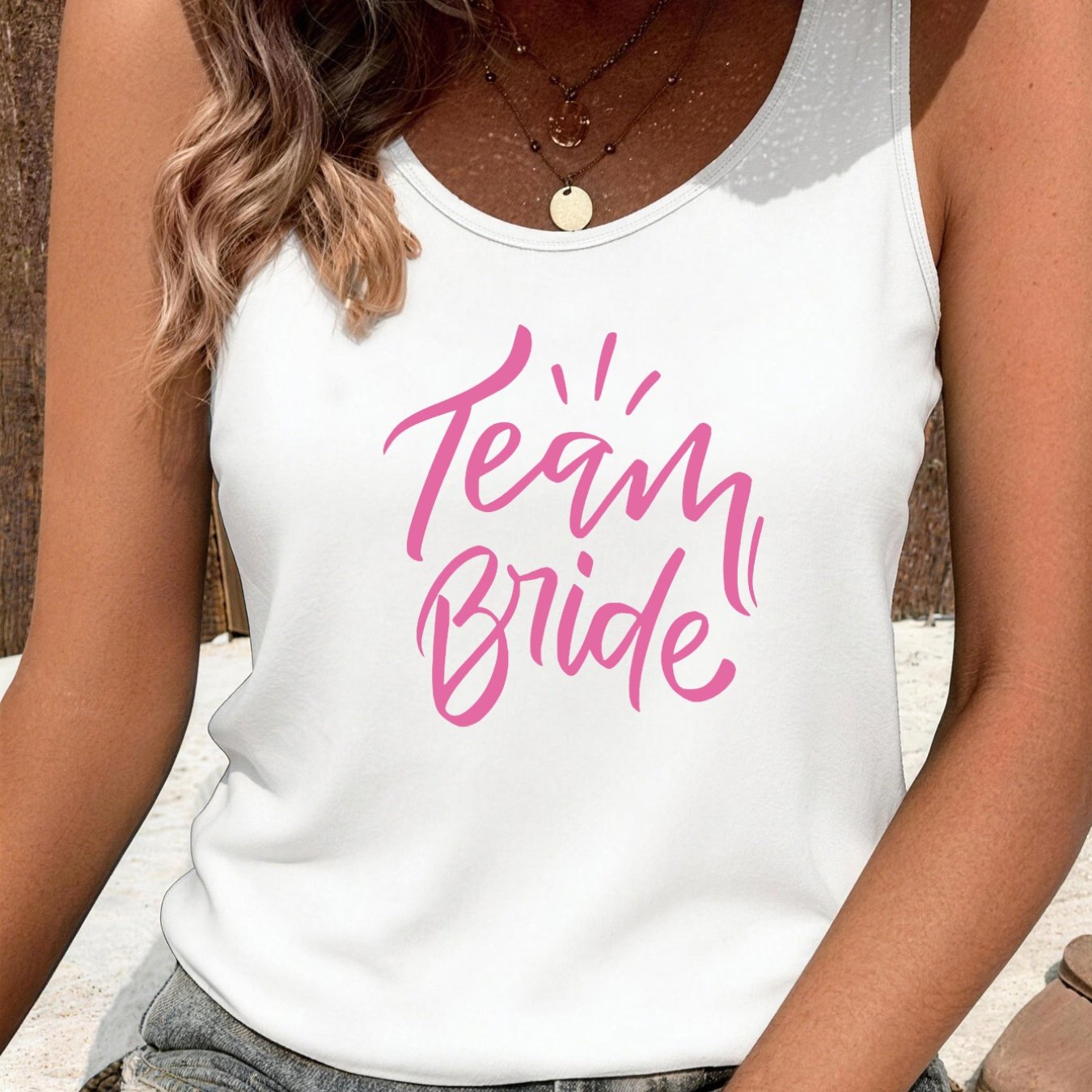 TEMU Canotta casual da donna stile vacanze estive in spiaggia, rosa con stampa manoscritta, canotta e