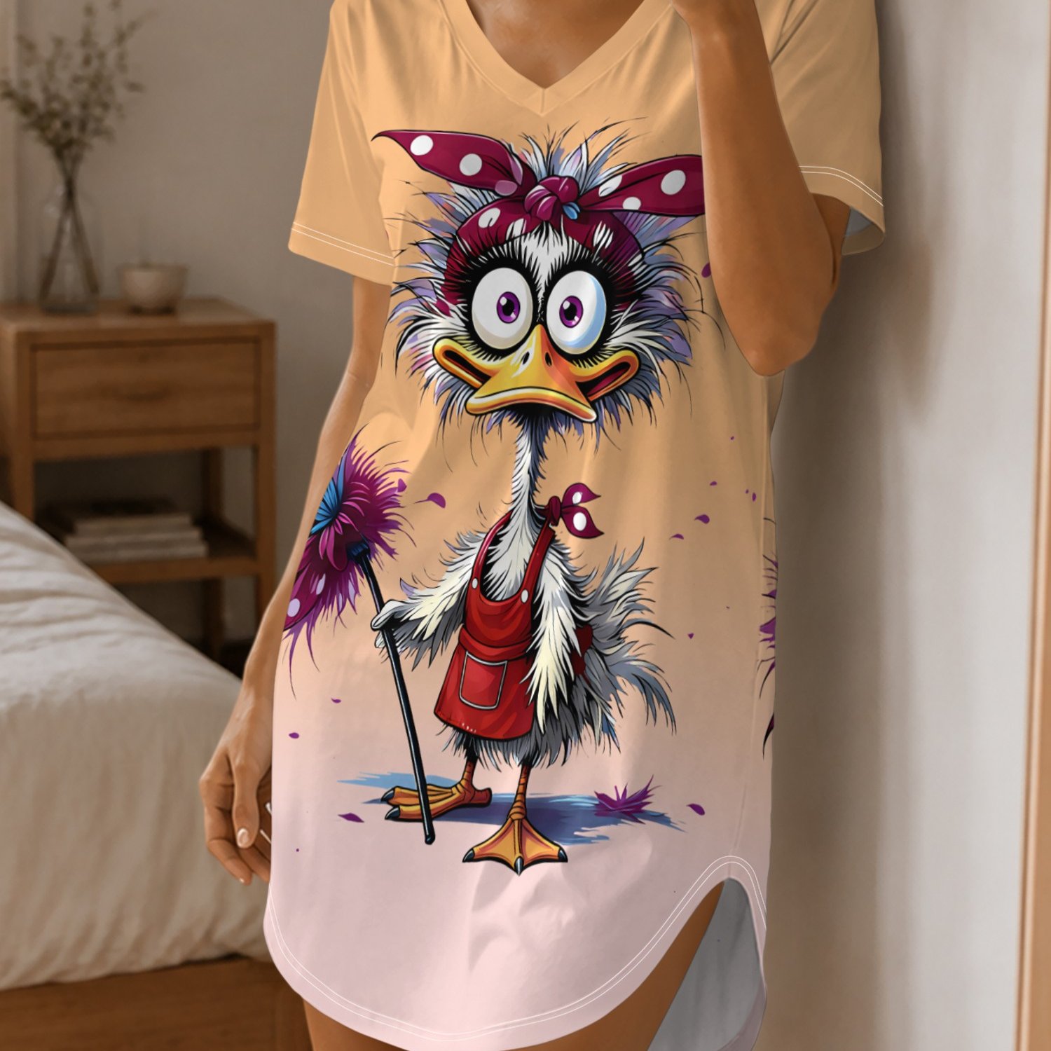 TEMU Women's V-neck Lounge Dress With Cartoon Duck Print, Side-opening Design For Casual Loungewear And Daily Wear