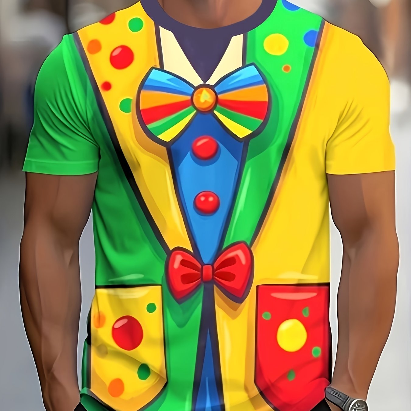 TEMU New Summer Men's Clown 2-in-1 Look Short-sleeve T-shirt, Breathable Top, Colorful Polka Dot Bow Tie Vest, Printed Summer Apparel, Trendy