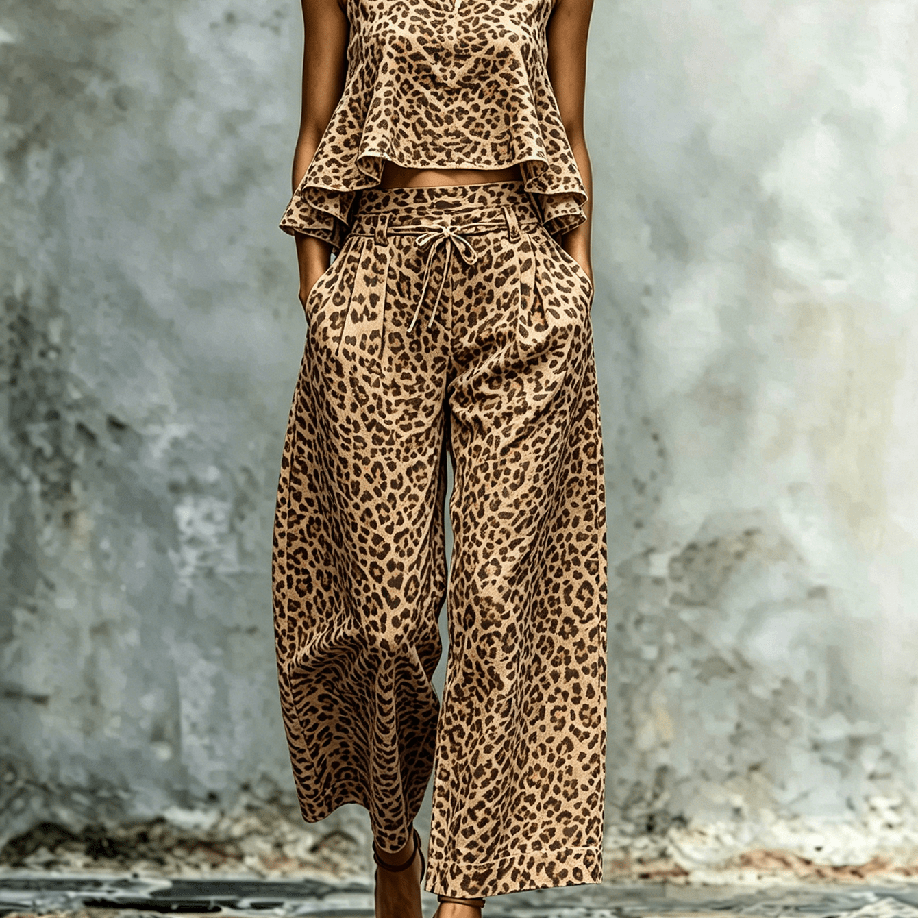 Women's Fashion Summer Set, 2pcs Outfit With V-neck Sleeveless Ruffle Top And Wide-leg Pants, Waist Drawstring Included, Skin-friendly Breathable Fabric, Season, Wild Retro Style