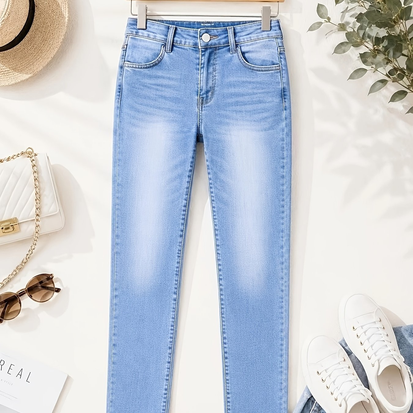 Image of Women's Elastic Vintage Versatile Casual Fashion Elegant Mid-rise Machine Washable Durable Multifunctional Skinny Pocket Gradient Ankle Jeans Street Trendy Style