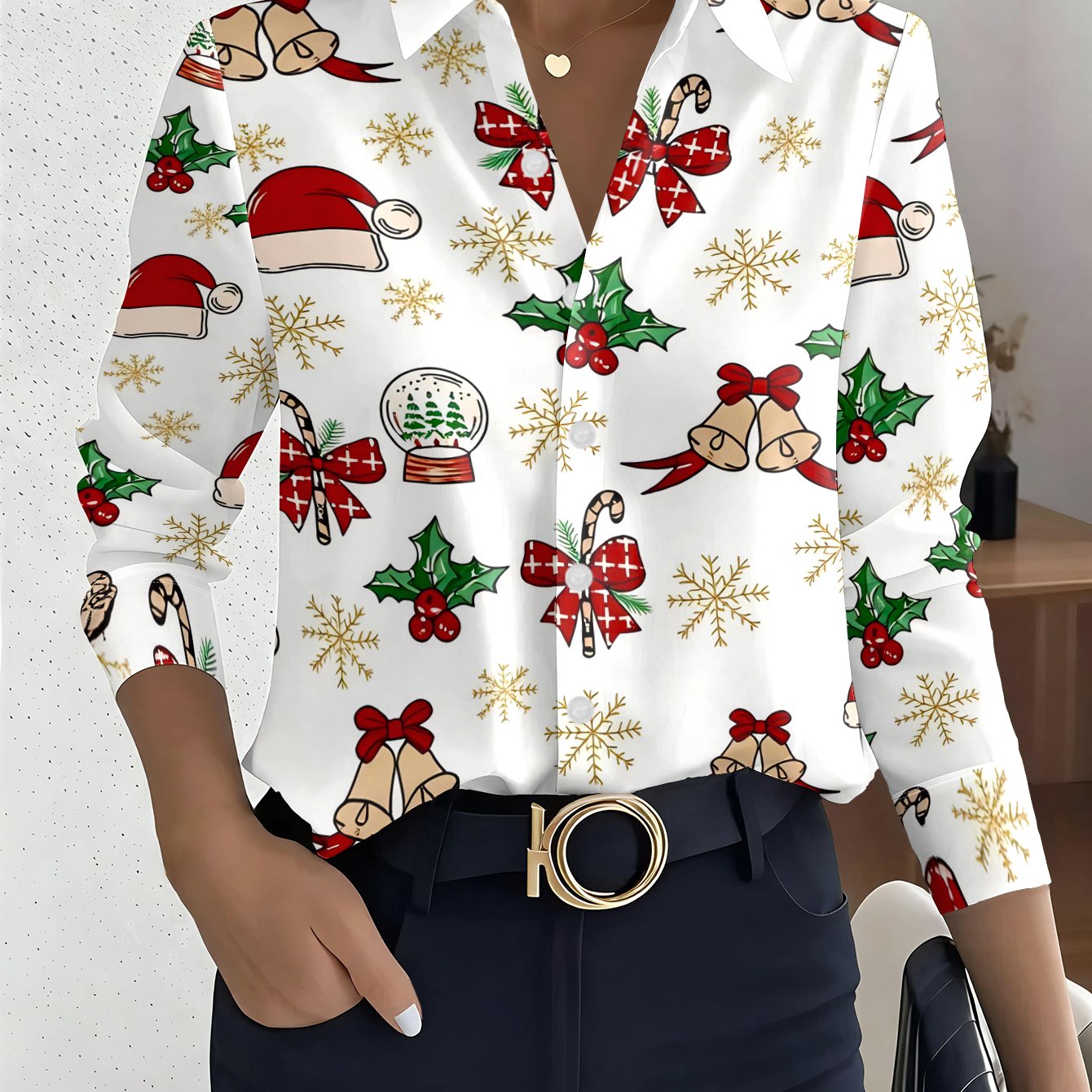 TEMU [printed Design â Not Textured] Women's Christmas-themed Floral Bow Print Lapel Long-sleeve Shirt, Festive Atmosphere Loose-fit Blouse For