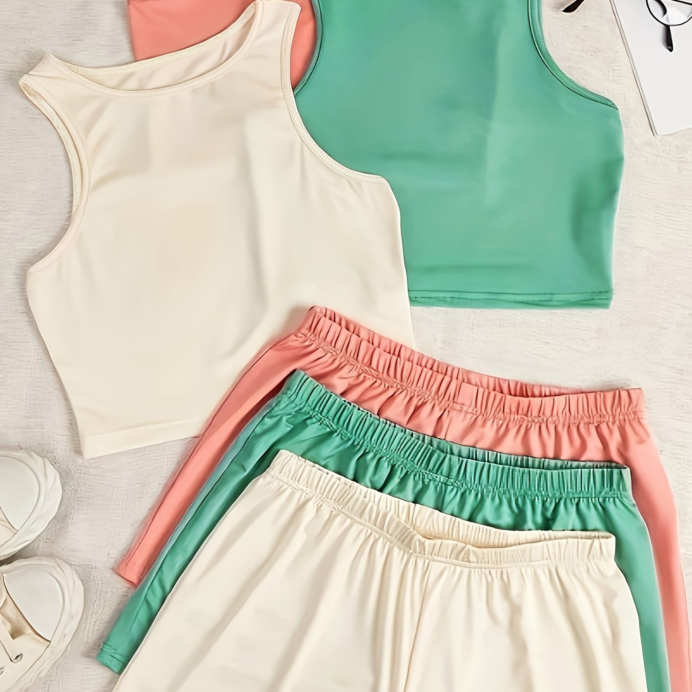 TEMU Women's Medium Stretch Fitted Solid 6pcs Pajama Set, Sleeveless Crop Tank Tops& Elastic Waist Shorts, Soft Lightweight Summer Loungewear Kit