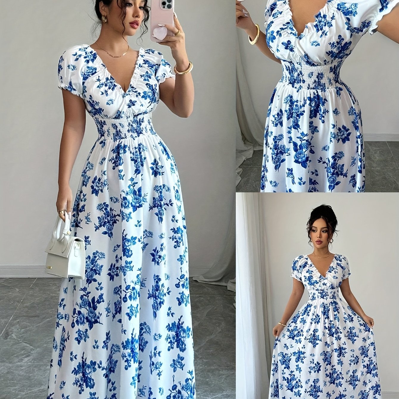 Image of V-neck Ruffle Design, Floral Print Fabric, Elastic Waist Slim-fit Short Sleeve Women's Dress, Elegant Party Wear, Date Night