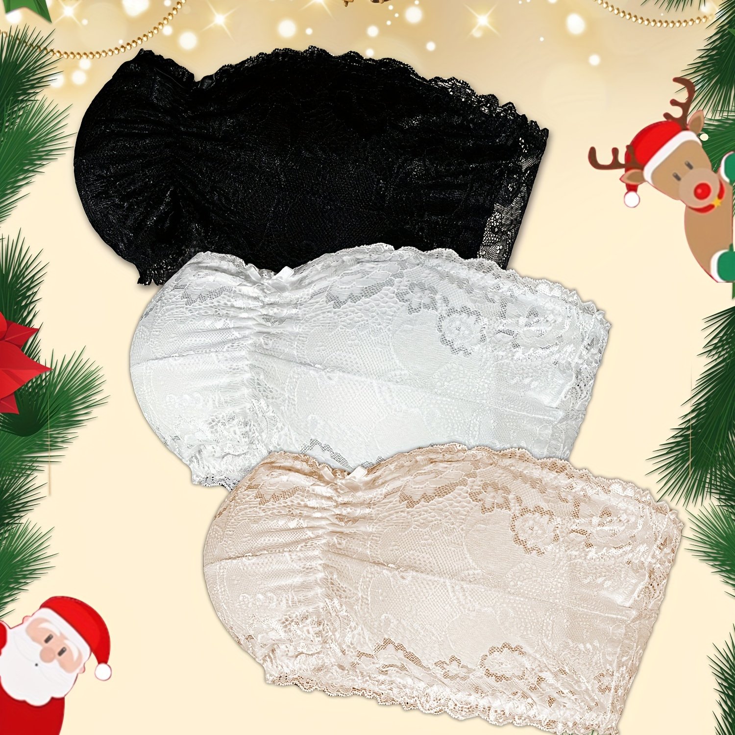 Image of 3pcs Plus Size Lace Strapless Bandeau Comfortable Breathable Daily Bra Women's Lingerie Wireless Backless Bra