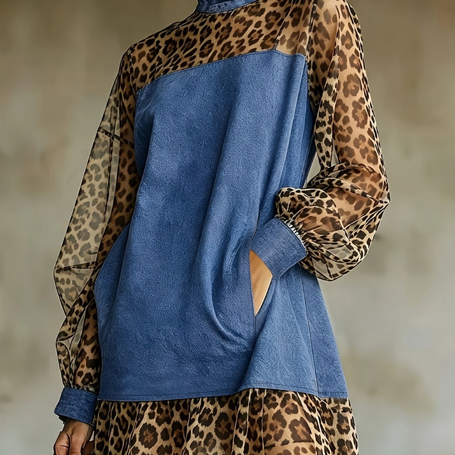 TEMU [printed Dress - Not Denim Fabric]retro Leopard Print Chiffon Printed Denim Dress, High Neck Lantern Sleeve Two-piece Loose Short Dress