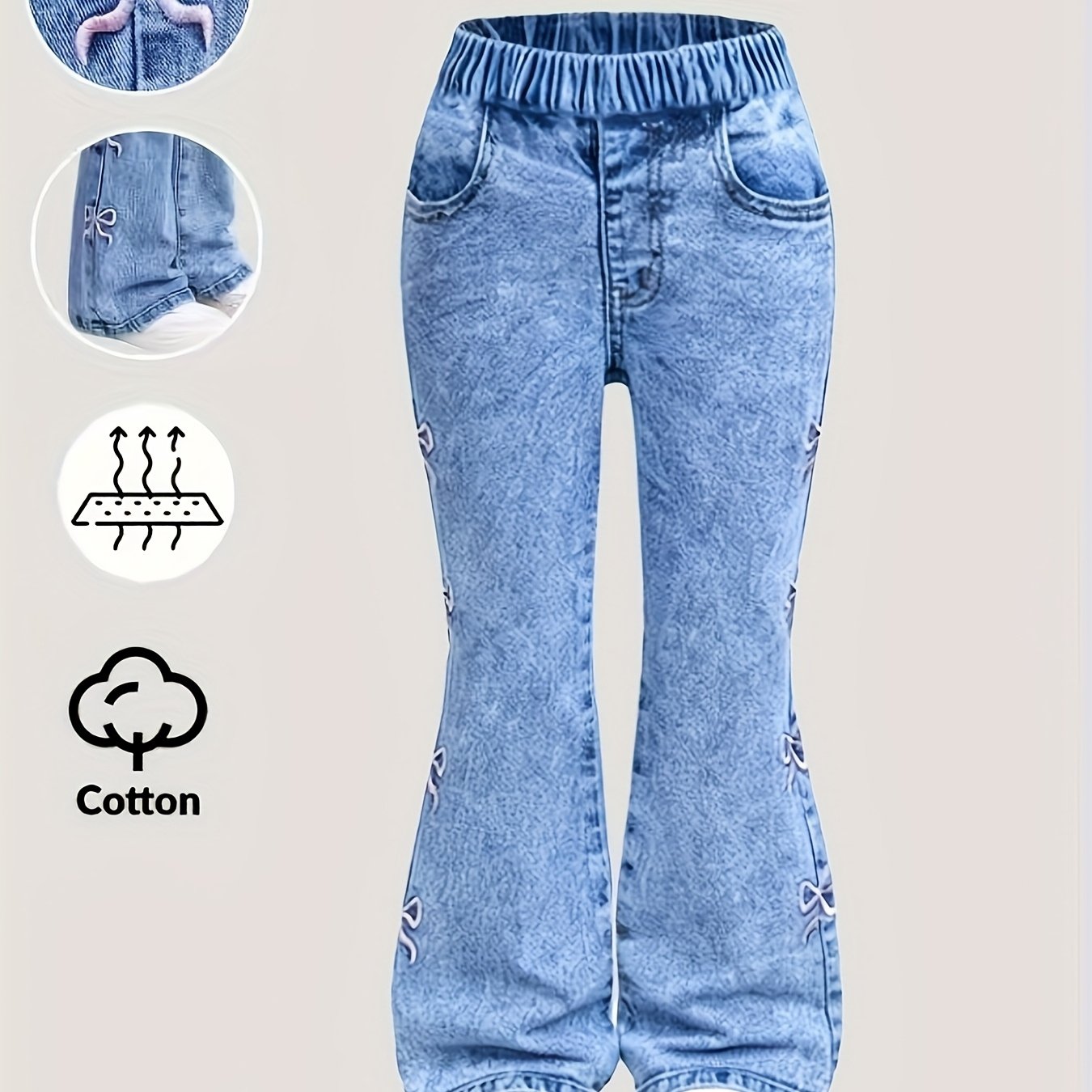 Image of Girls' Clothing Y2k Trendy Flared Jeans, Embroidered Bow Detail, Street Fashion Style, Perfect Christmas Gift. Christmas Outfit, Wear, , Suitable For Occasions