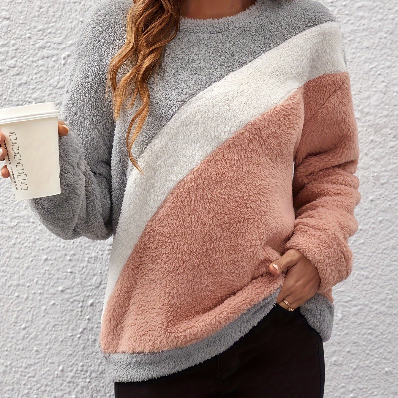 Image of Directional Development Of Stylish Women's Casual Solid Color Spliced Color-block Long Sleeve Round Neck Fashionable Sweatshirt