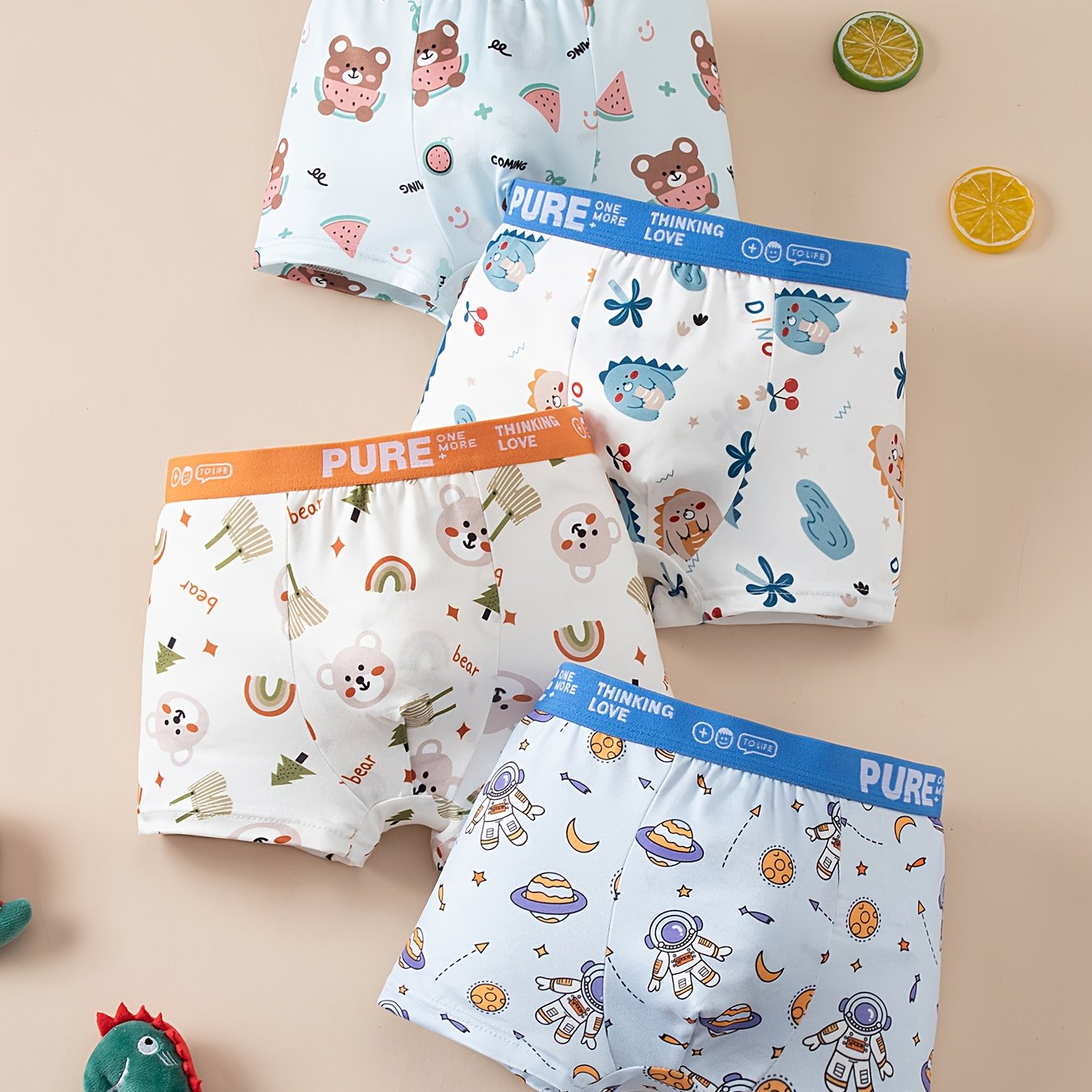 TEMU Conjunto de 4 calzoncillos para niños, estilo para todas , calzoncillos para bebés grandes, pantalones cortos con estampado de letras, cintura