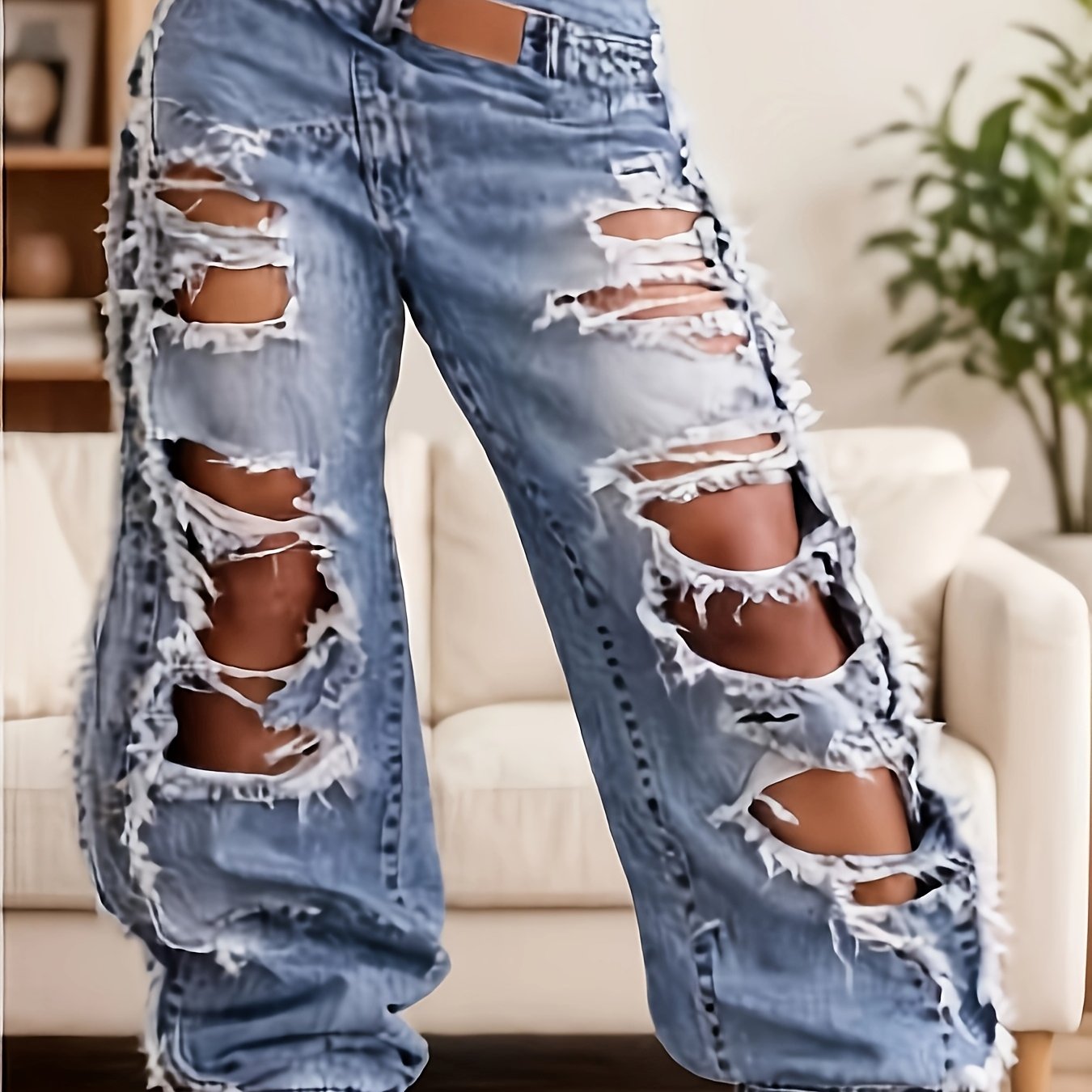 TEMU High-waisted Ripped Jeans With , Stylish, Trendy And Street-style