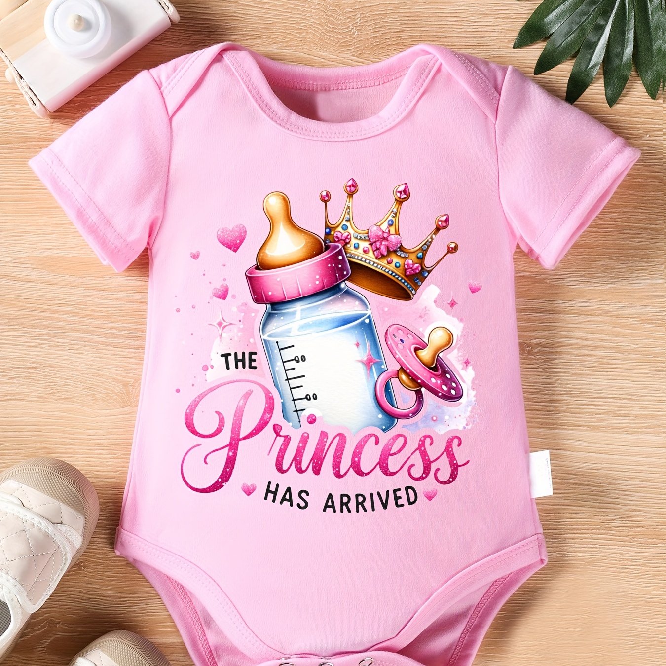 Image of Pf3823 Girls' Triangle Bodysuit " Has " Crown Pacifier Bottle Cartoon Print Newborn Cute Short-sleeve Romper, Perfect For Outdoor