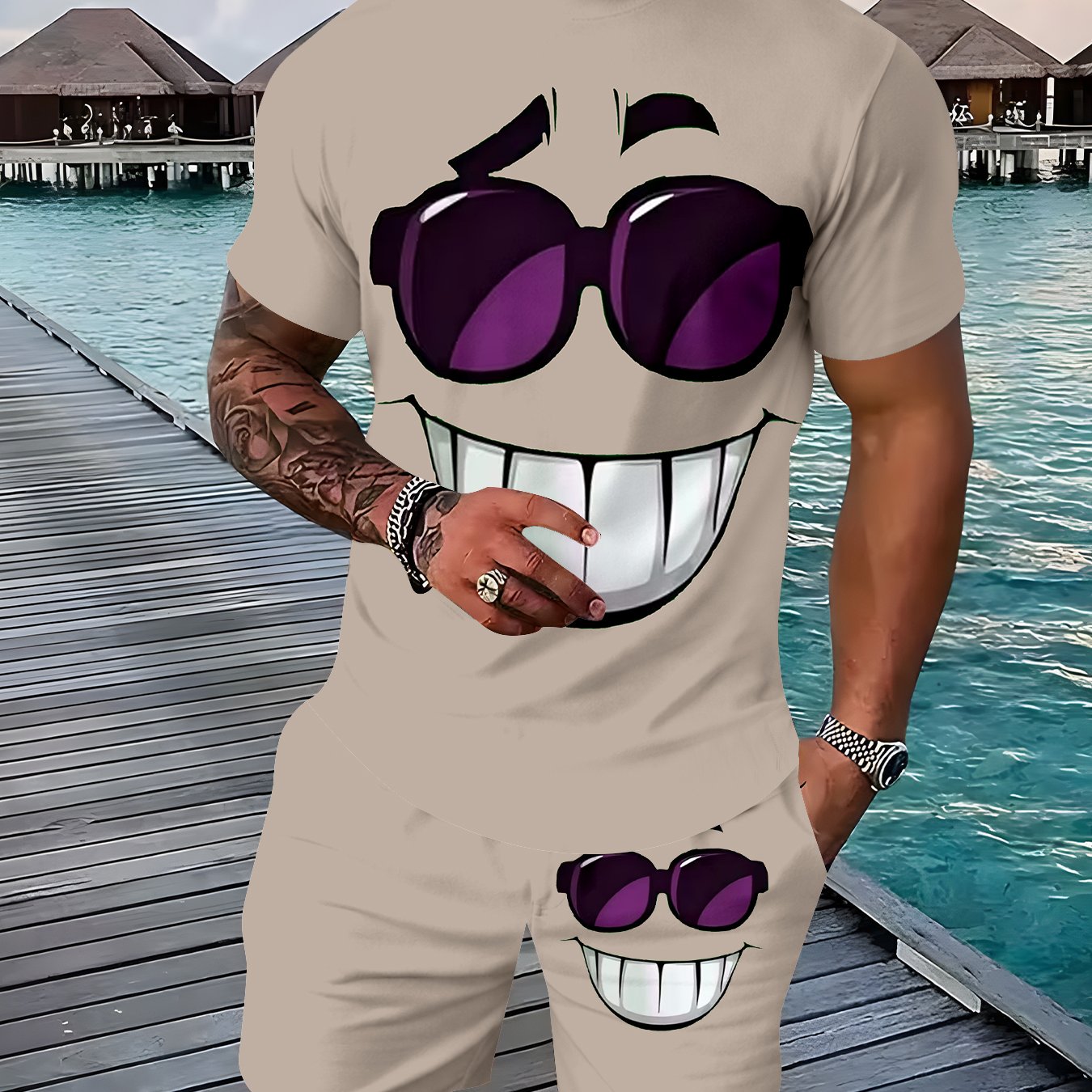 TEMU Heren Casual Set voor Thuis & Uitjes, T-shirt met Korte Mouwen en Korte Broek met Print van Gezicht met Leuke Modebril, Trendy Set van 2 Delen