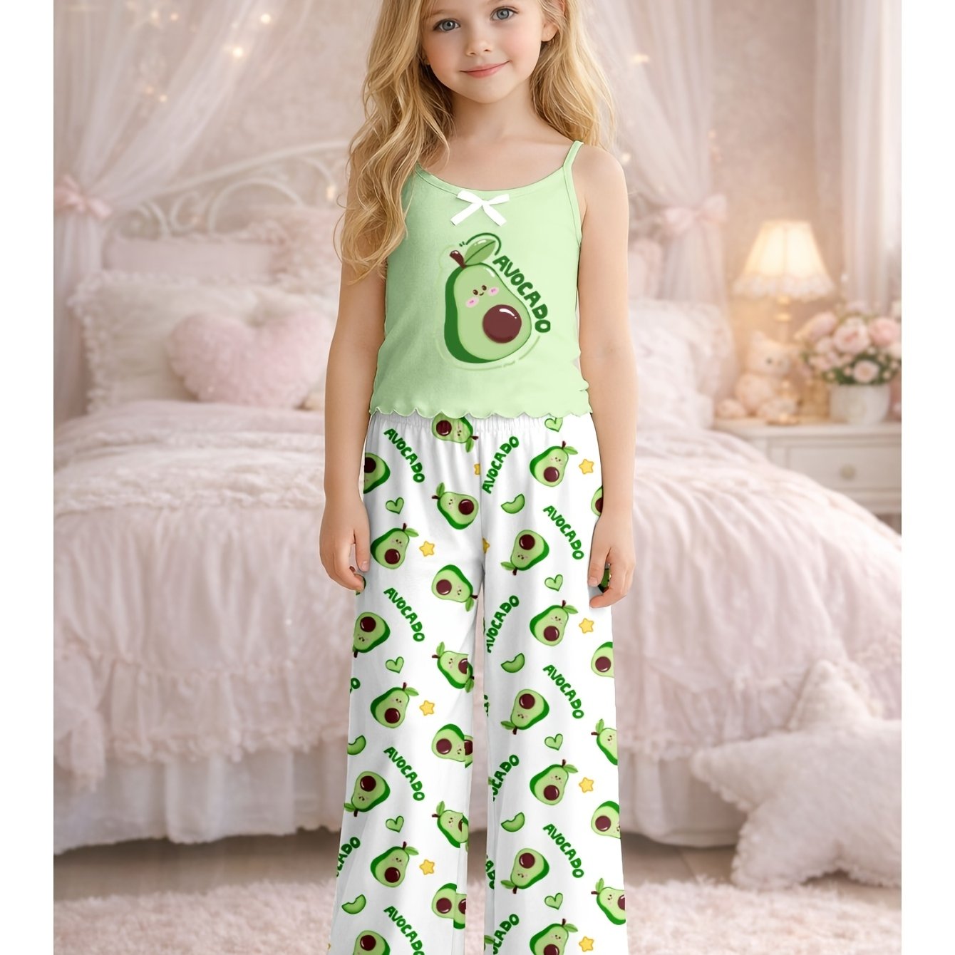 Image of 2pcs Girls' Camisole Long Ruffle Pants Pajama Set, Cute Avocado Print, Comfortable Fabric, Ideal For Bedtime And Summer Wear, Machine Washable - Perfect Gift For Girls, Flame Retardant Fabric