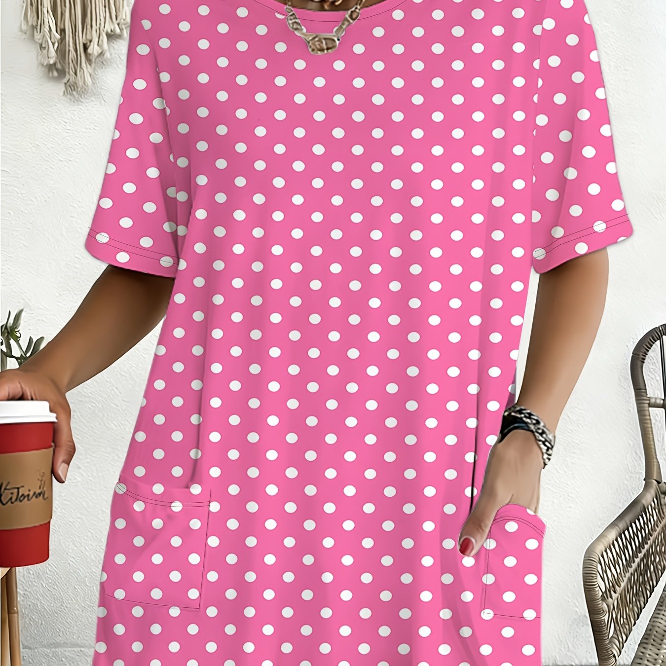 TEMU Pink Polka Dot Short Sleeve T-shirt Women's Summer Casual Top Fashion Style