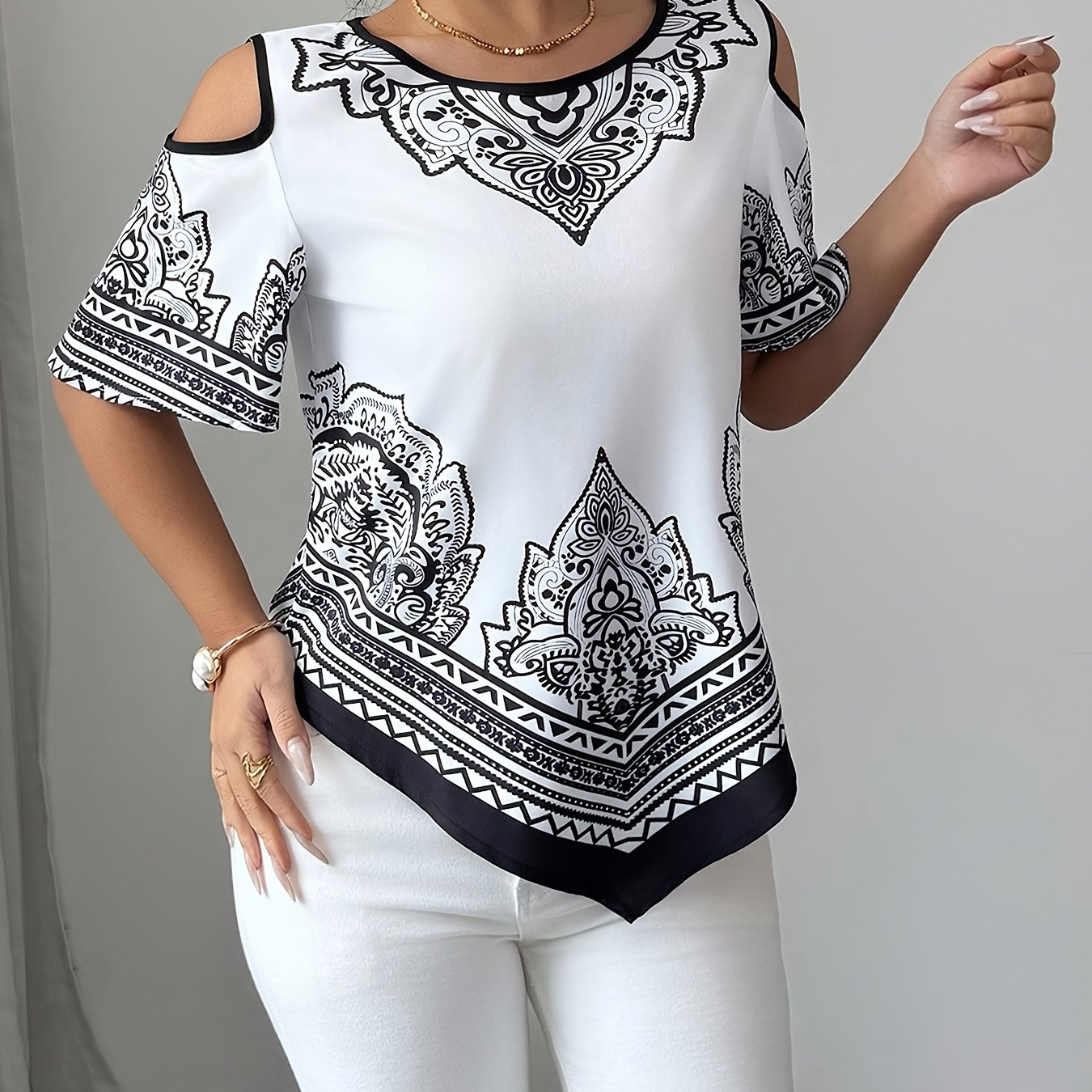 TEMU Plus Size, New Plus Size Women's Casual Printed Round Neck Short Sleeve Shirt Top