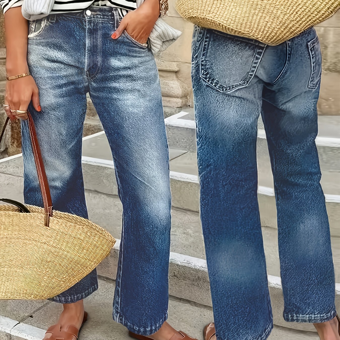 Image of New Women's Elastic Mid-rise Wide-leg Jeans, Loose Casual Denim Pants, Blue Washed Jeans With Pockets. Suitable For Travel And Work-casual Occasions, Wearable Boyfriend-style Jeans.
