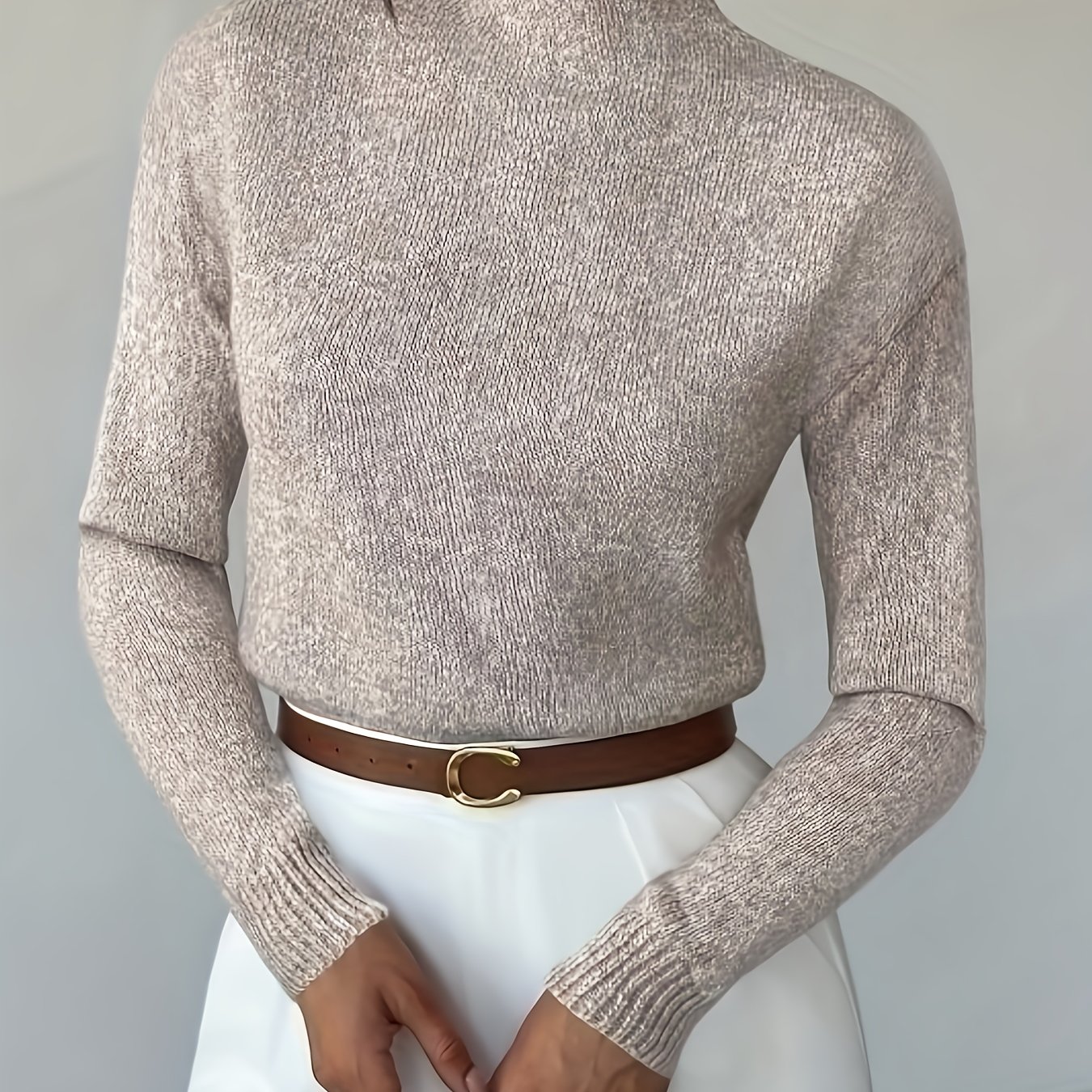 TEMU Un pull élégant et facile à de couleur unie pour femmes, avec des manches longues et un col montant, parfait pour les quotidiens et en automne.