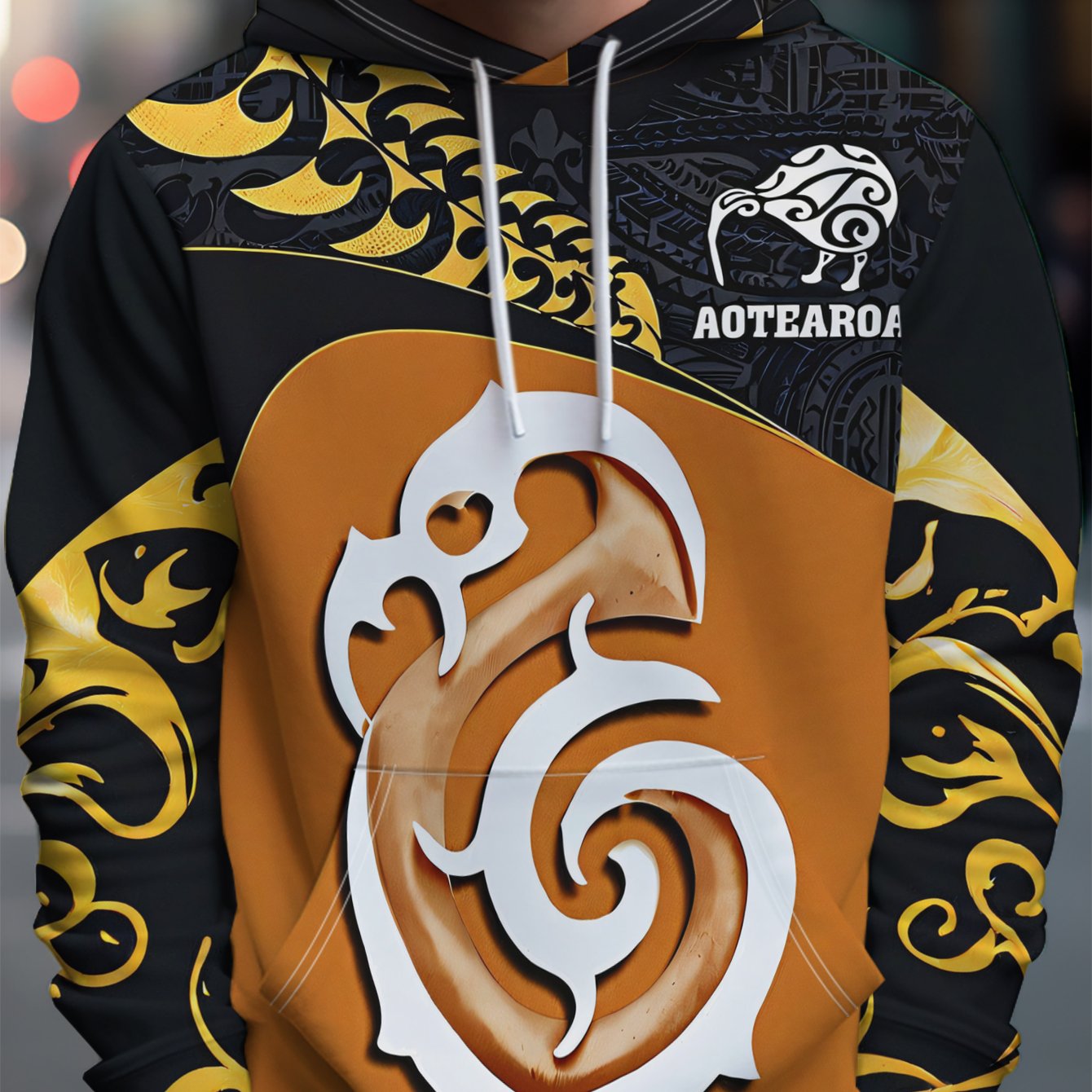 TEMU A Stylish Hooded Sweatshirt Featuring A Black Background With Golden Patterns And White , Along With . It Has Pocket And From A Stretchy Blend