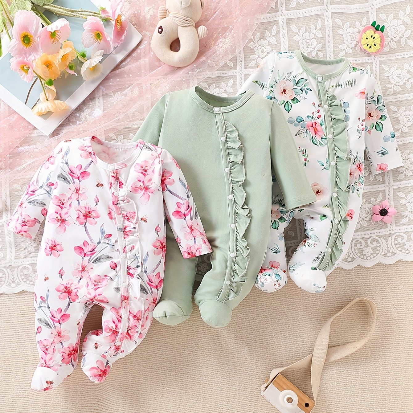 Image of 3pcs Set Baby Girl Footed Romper Bodysuit Newborn Baby Ruffle Random Print Girl Jumpsuit Skin-friendly Soft And Elastic, For Outdoor, Halloween