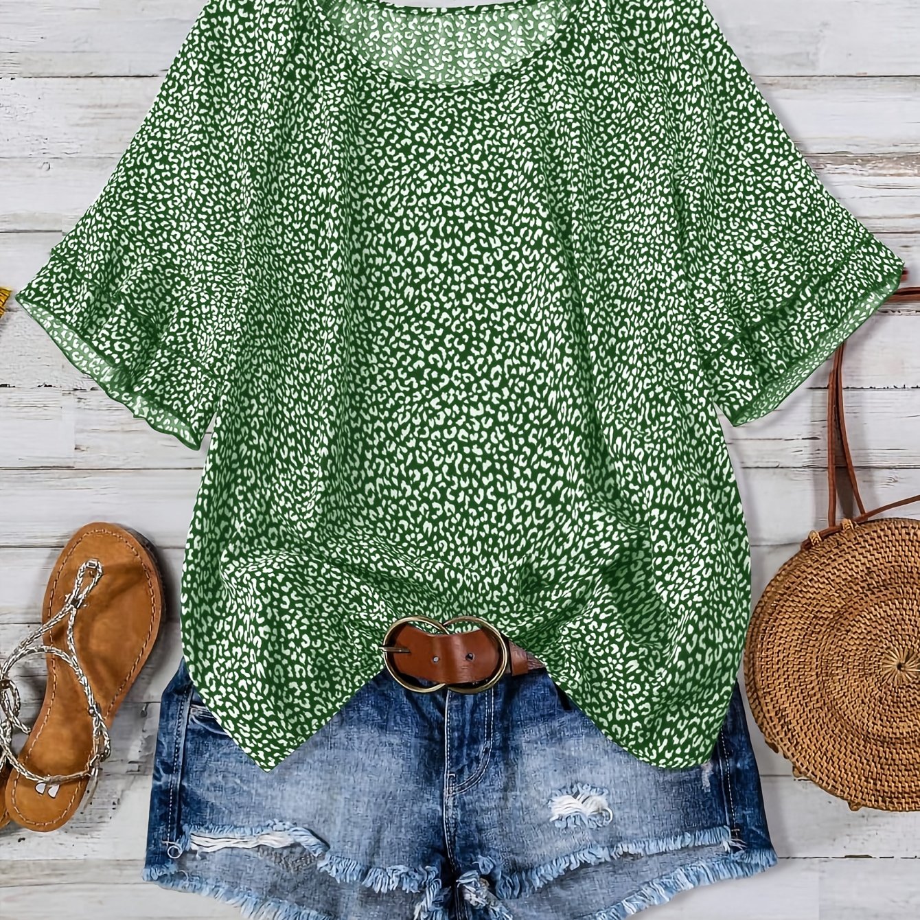 E-shop Plus Size - Plus Size - Leopardmuster Rüschenärmel Locker Kurzarm Shirt Top Damen - Cross-Border