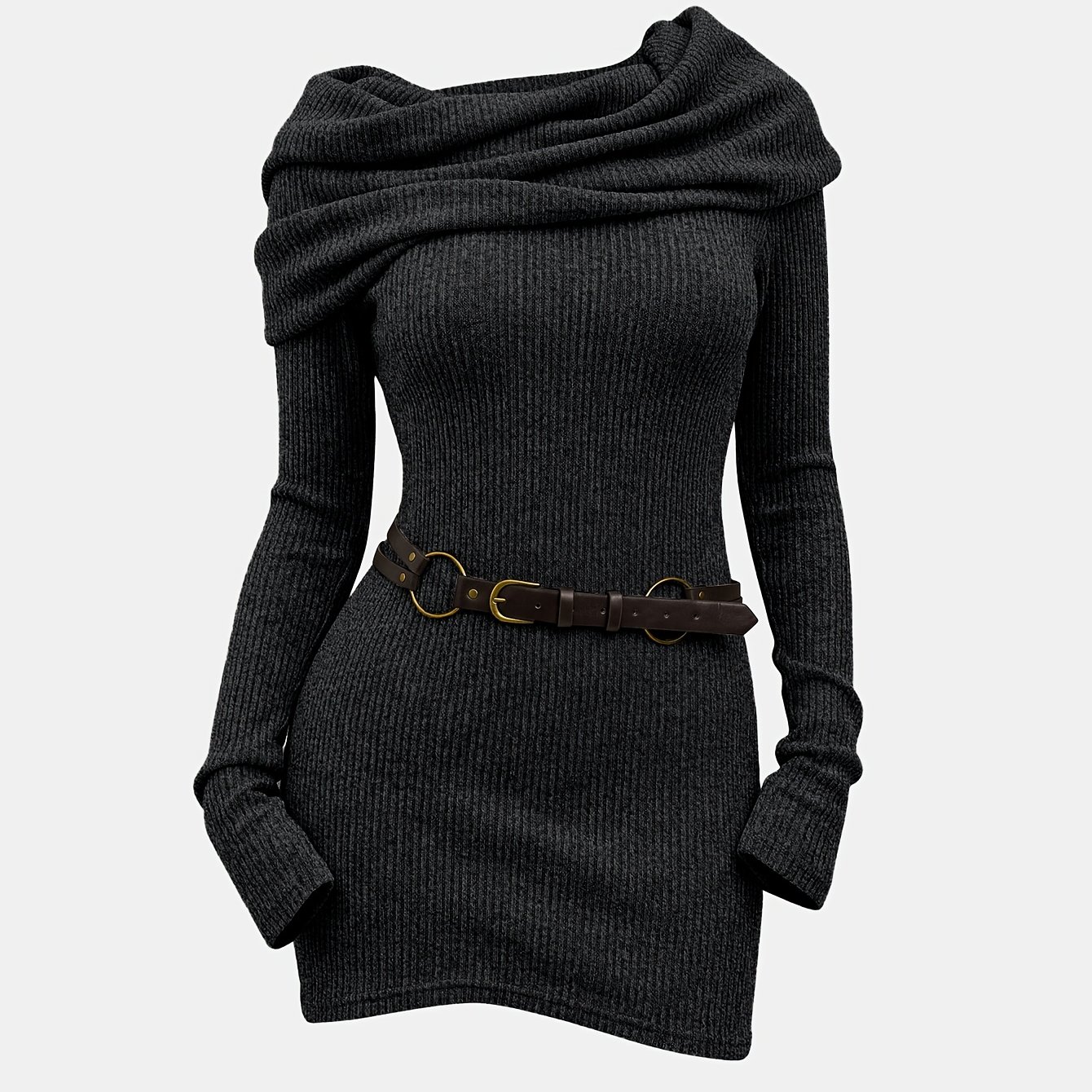 TEMU Robe gainante et -fesses à double ceinture cintre vintage en côtes avec col faux