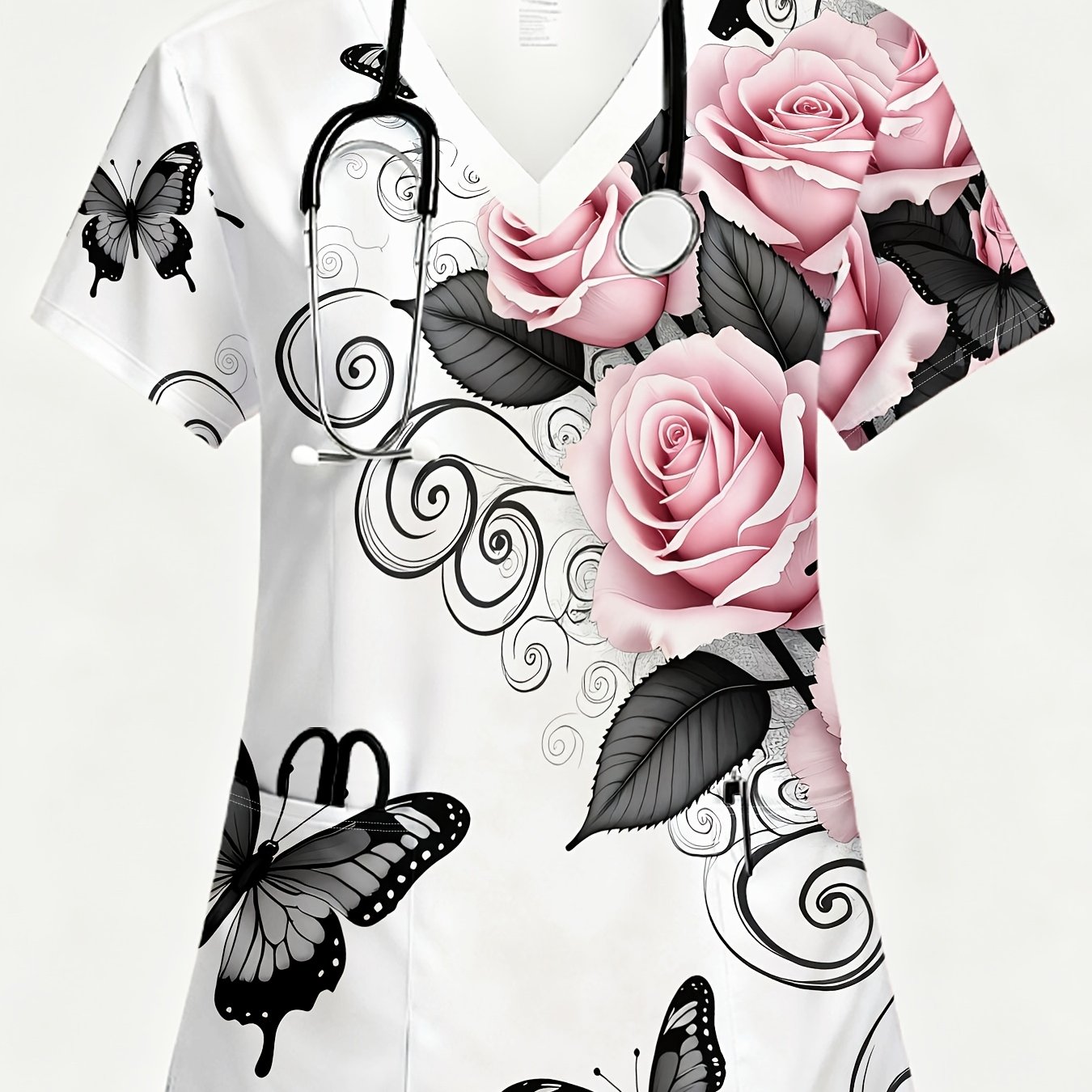 TEMU T-shirt à manches courtes et col en V pour femmes, style professionnel, robe mignonne anti-transpiration, uniforme d'entretien, imprimé intégral
