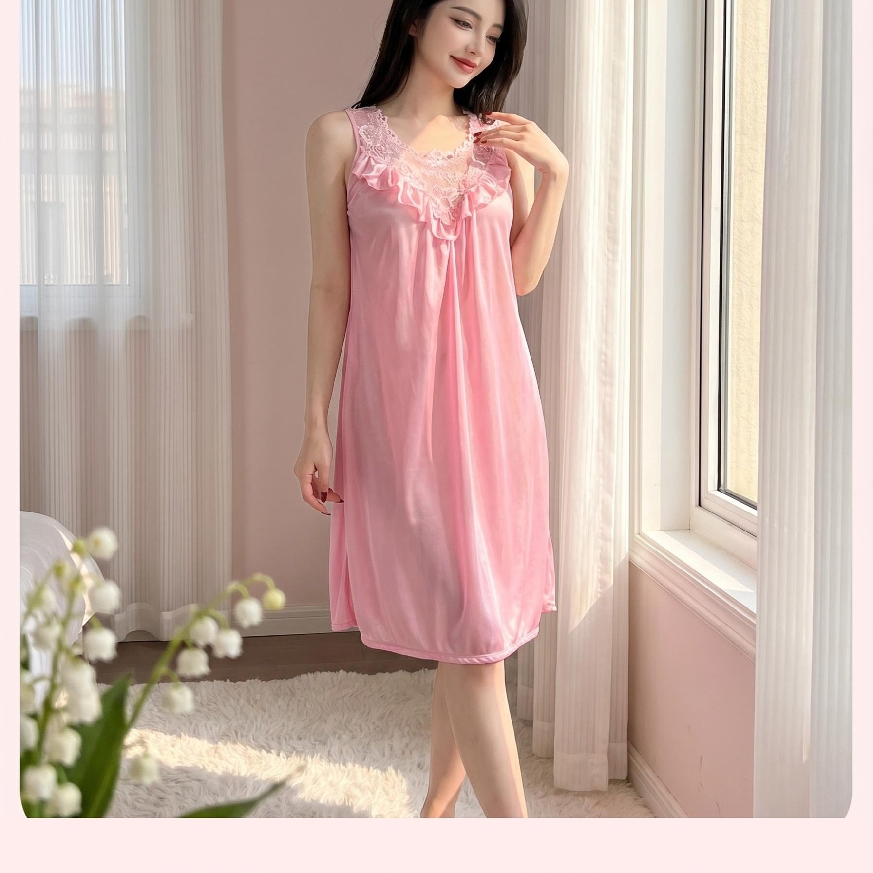 TEMU Women's Sleeveless Nightgown With Lace Trim And Ruffle Detail, Sleepwear And Loungewear, 1pc