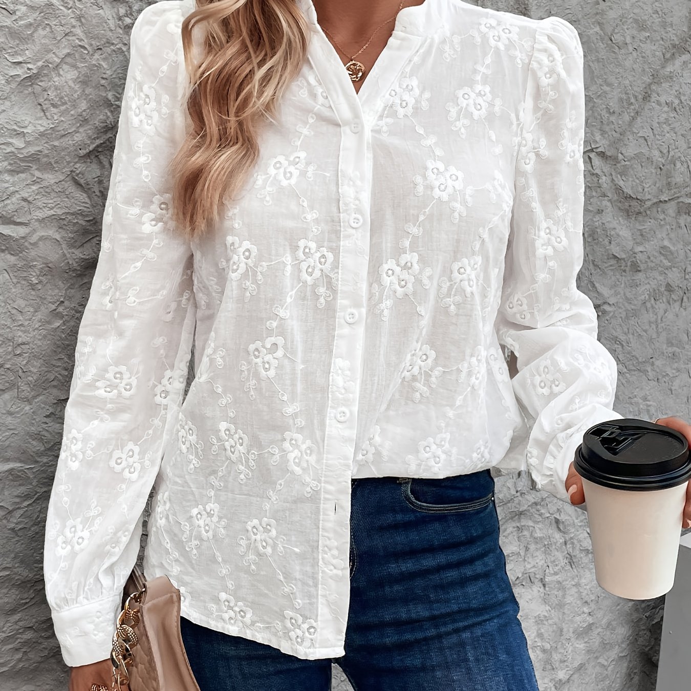 Image of Cardigan Shirt Long Sleeve Hollow-out Lace Top Jacquard Blouse Women's Shirt